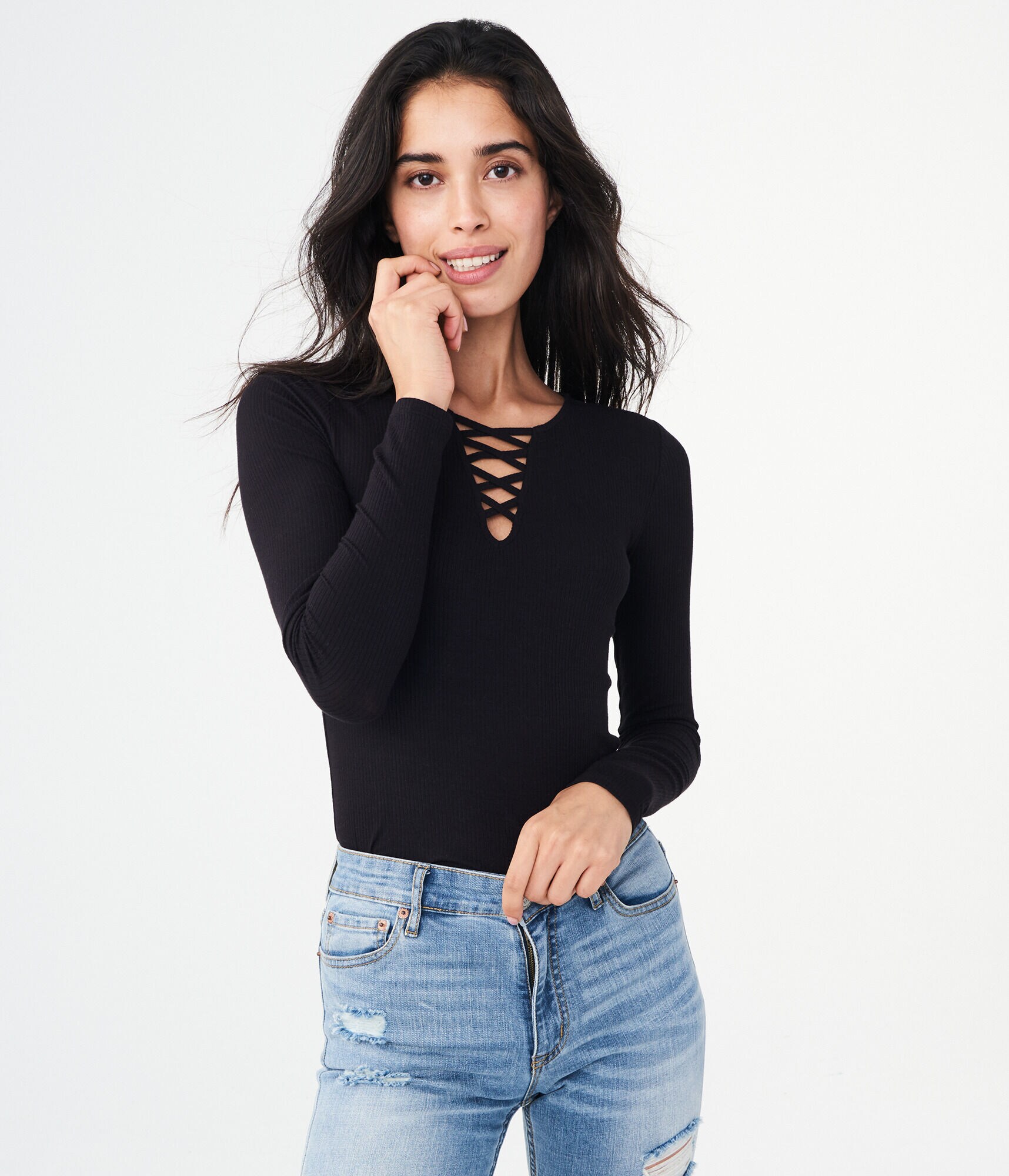 Long Sleeve Solid Lace-Up Ribbed Tee