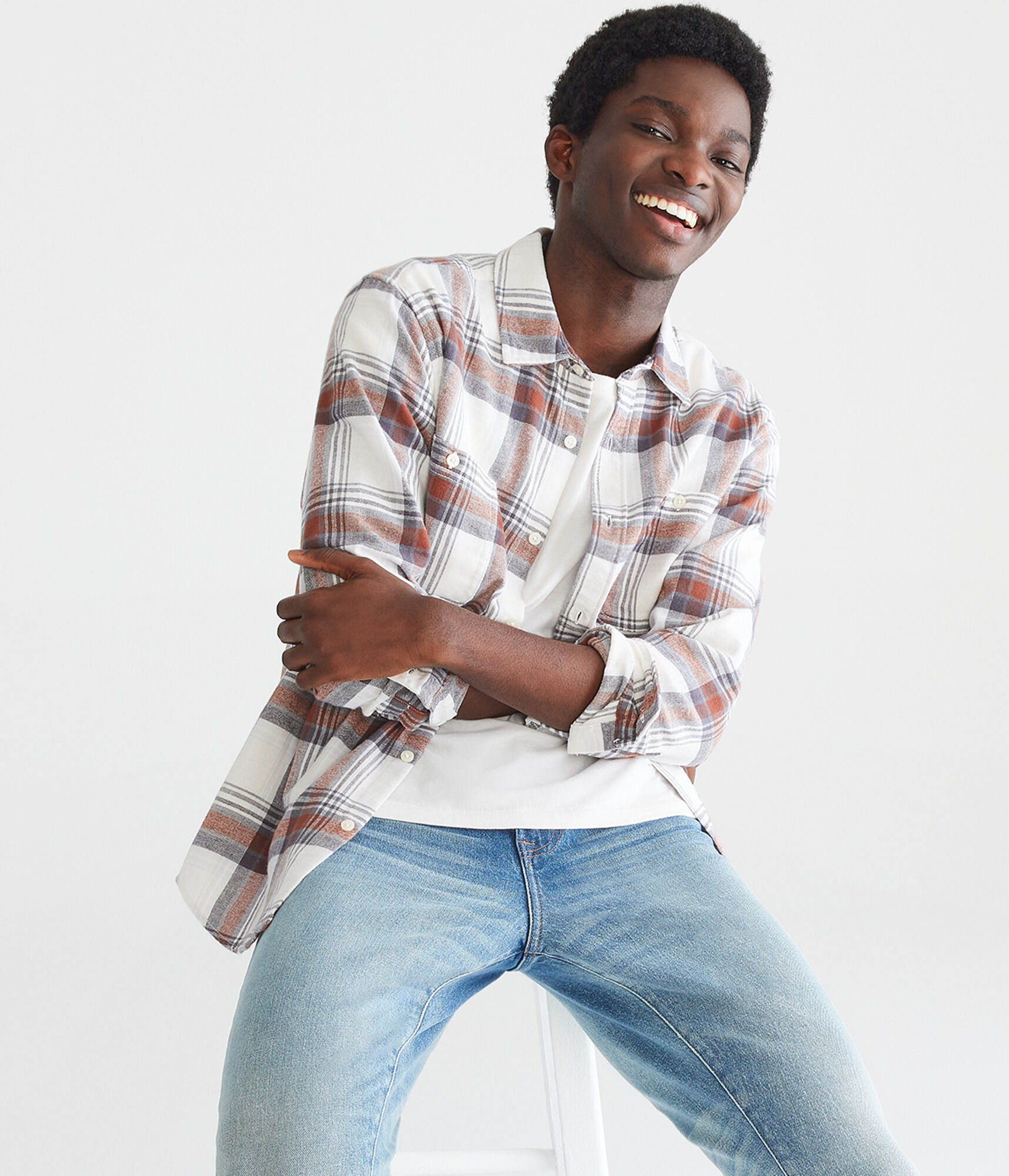 Long Sleeve Relaxed Washed Plaid Flannel Shirt