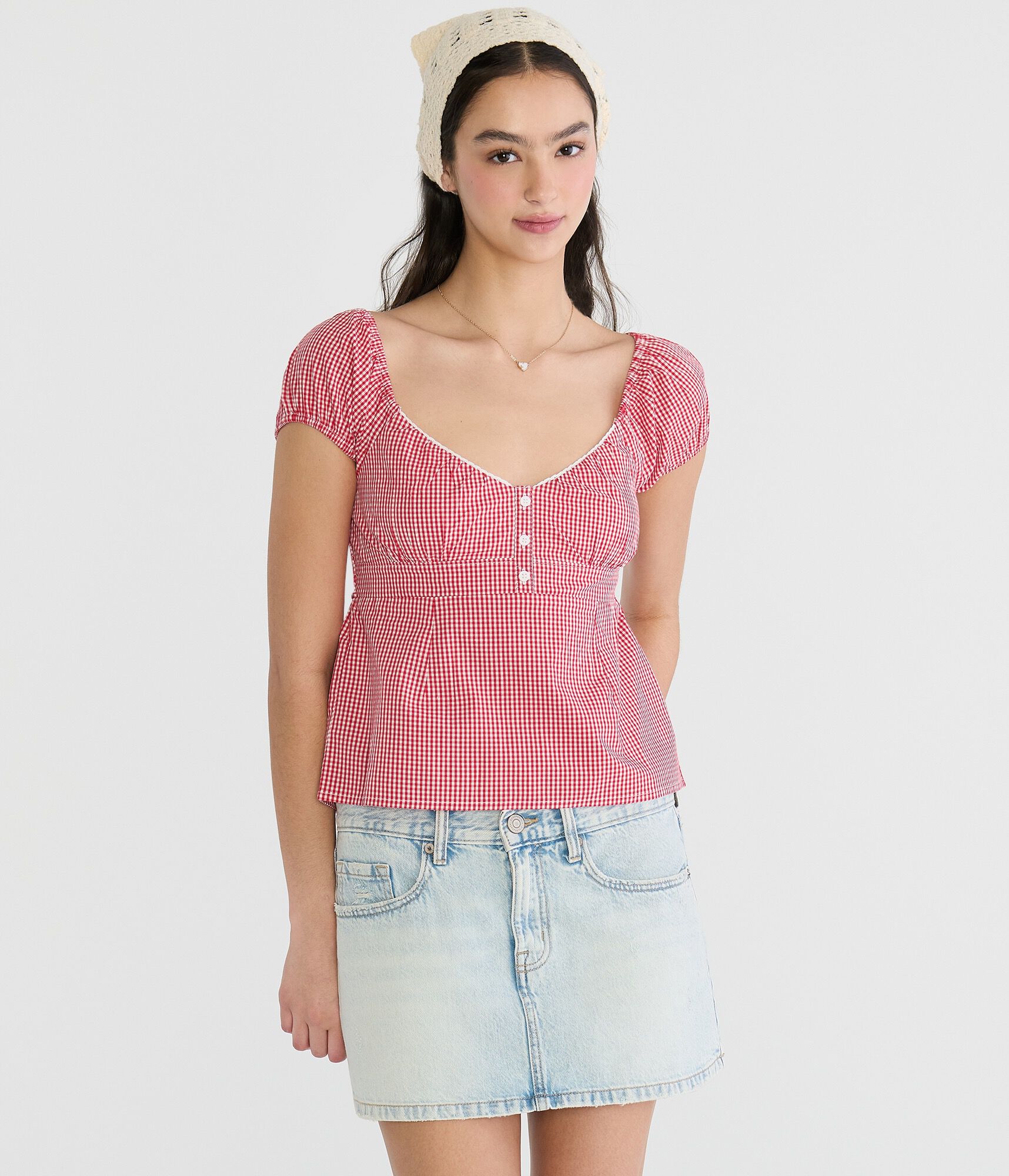 Gingham Tie-Back Babydoll Top