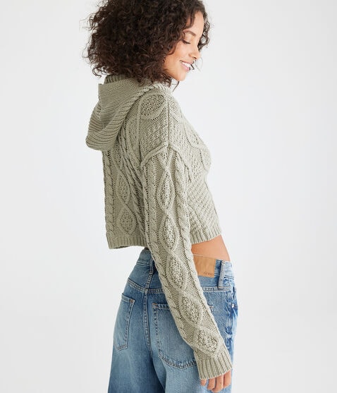 Cropped Cable-Knit Hooded Sweater