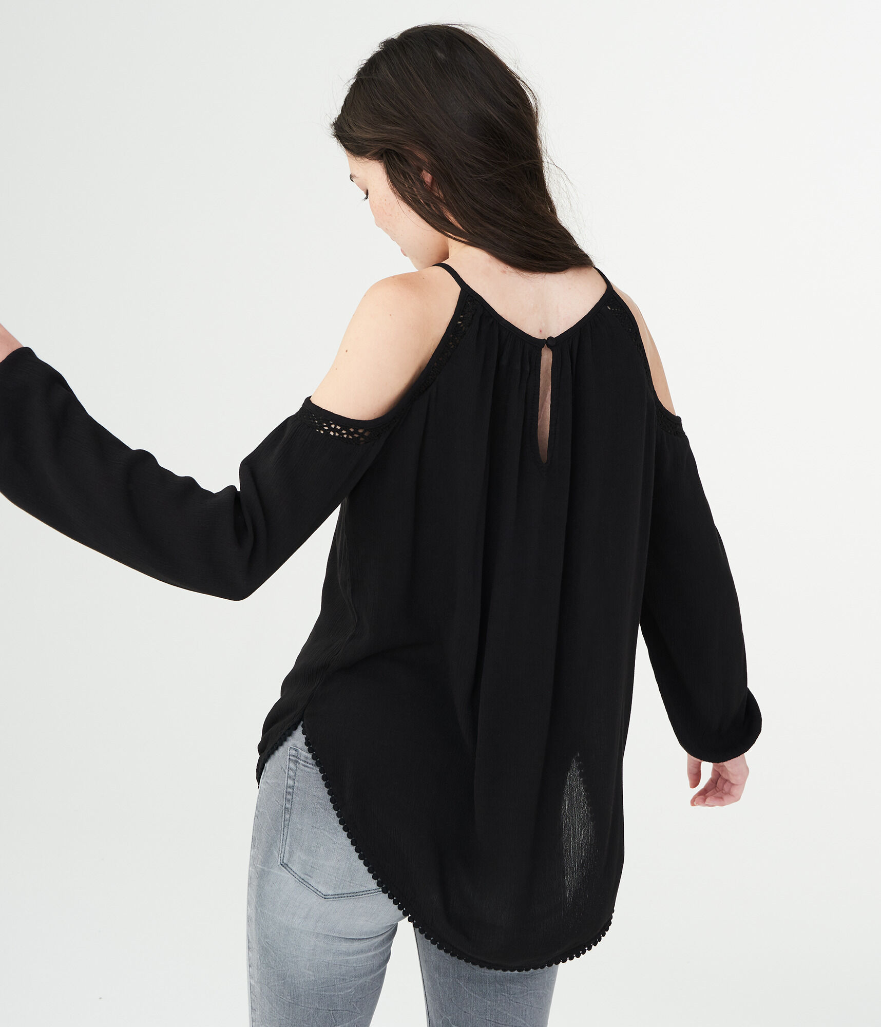 Long Sleeve Lace-Trim Cold-Shoulder Top