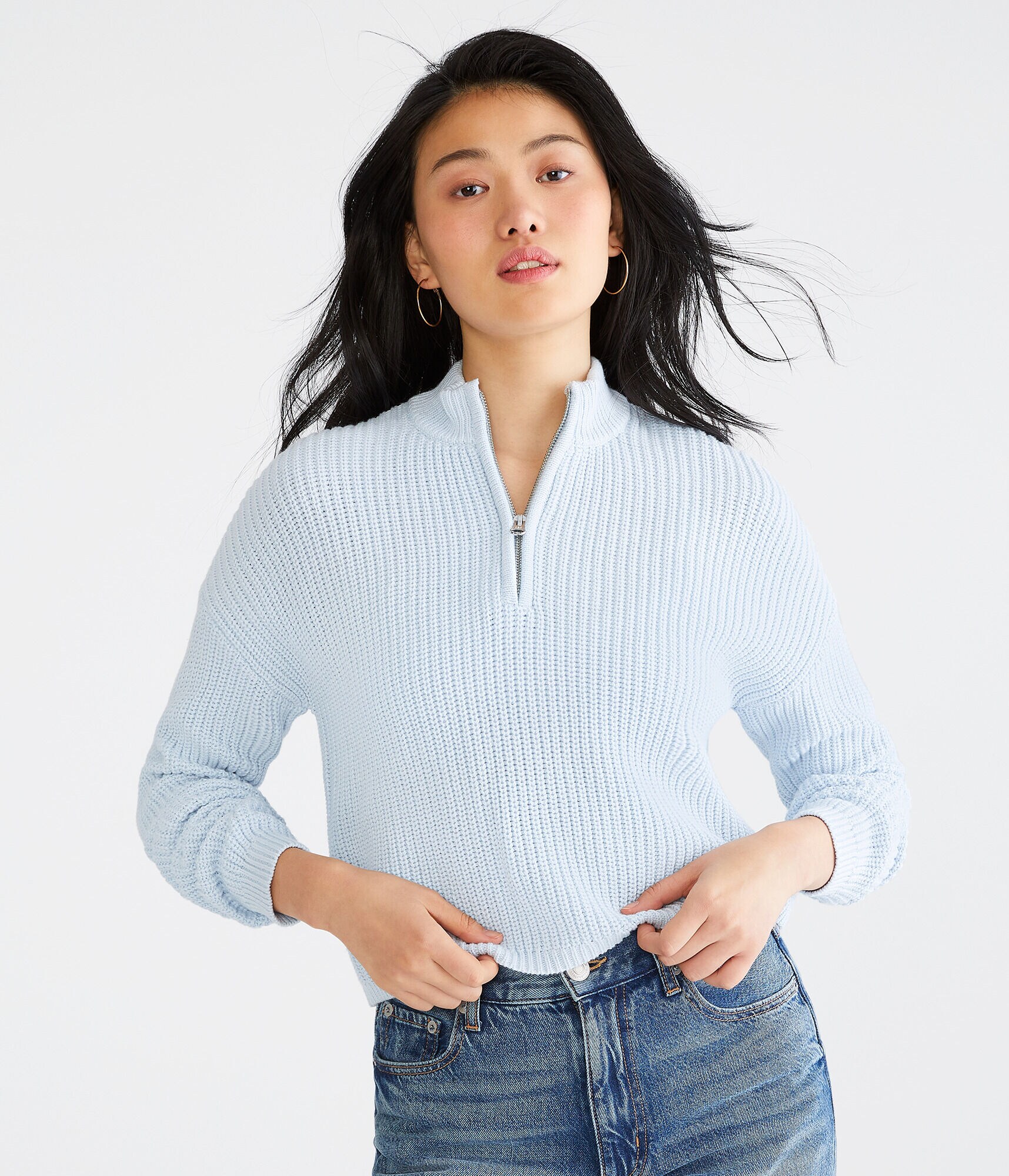 Ribbed 1/2-Zip Mock-Neck Sweater
