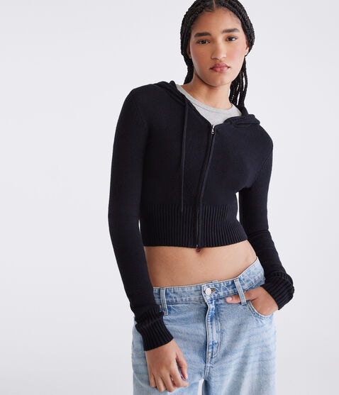 Solid Cropped Full-Zip Hooded Sweater Solid Cropped Full-Zip Hooded Sweater