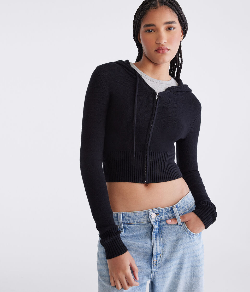 Solid Cropped Full-Zip Hooded Sweater