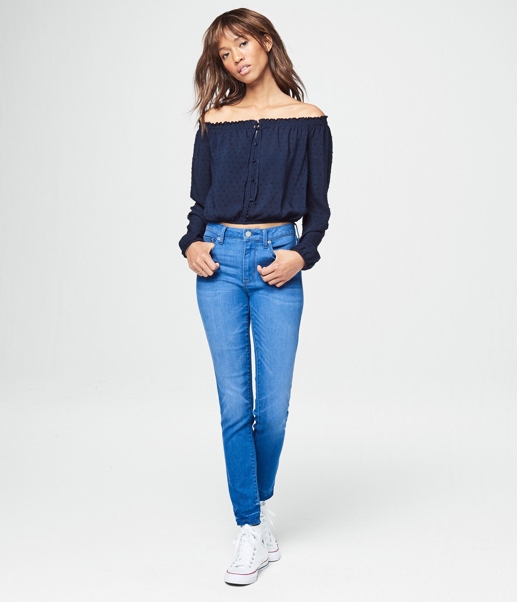 Long Sleeve Clip Dot Off-The-Shoulder Crop Top