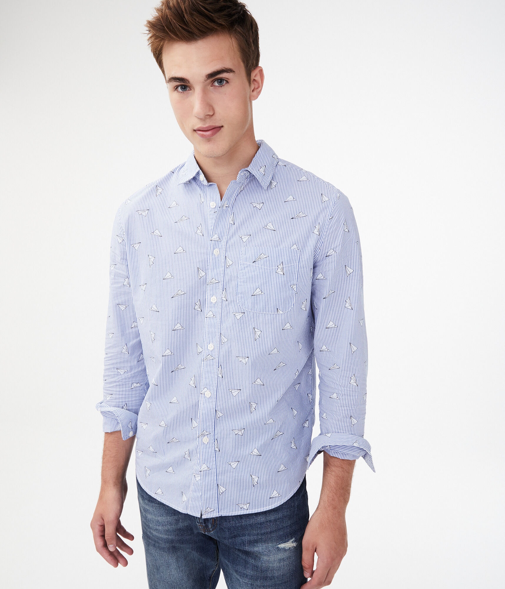 Long Sleeve Paper Plane Button-Down Shirt
