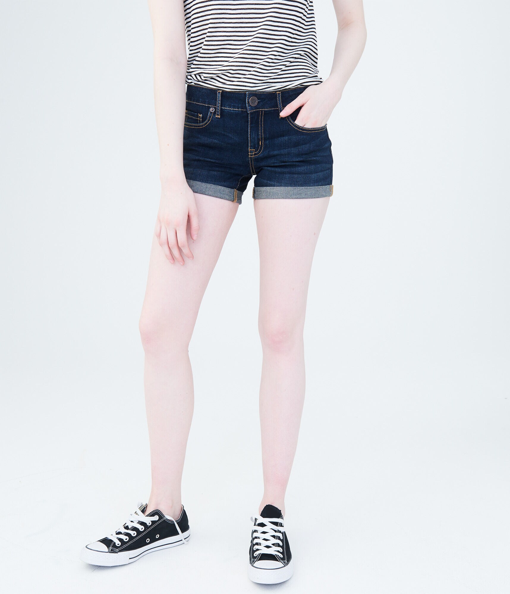 Dark Wash Cuffed Denim Midi Shorts