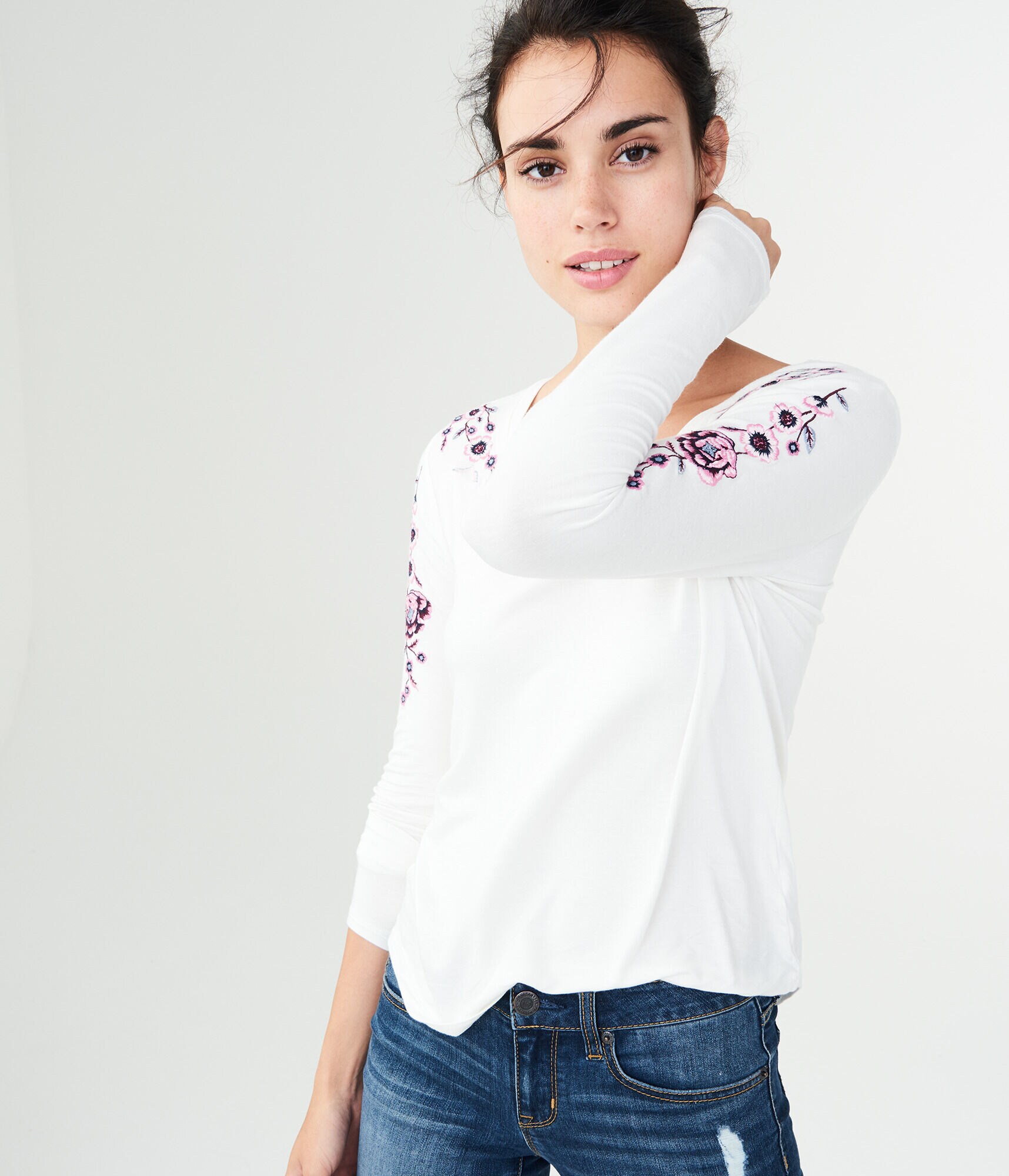Long Sleeve Seriously Soft Floral Embroidered V-Neck Tee
