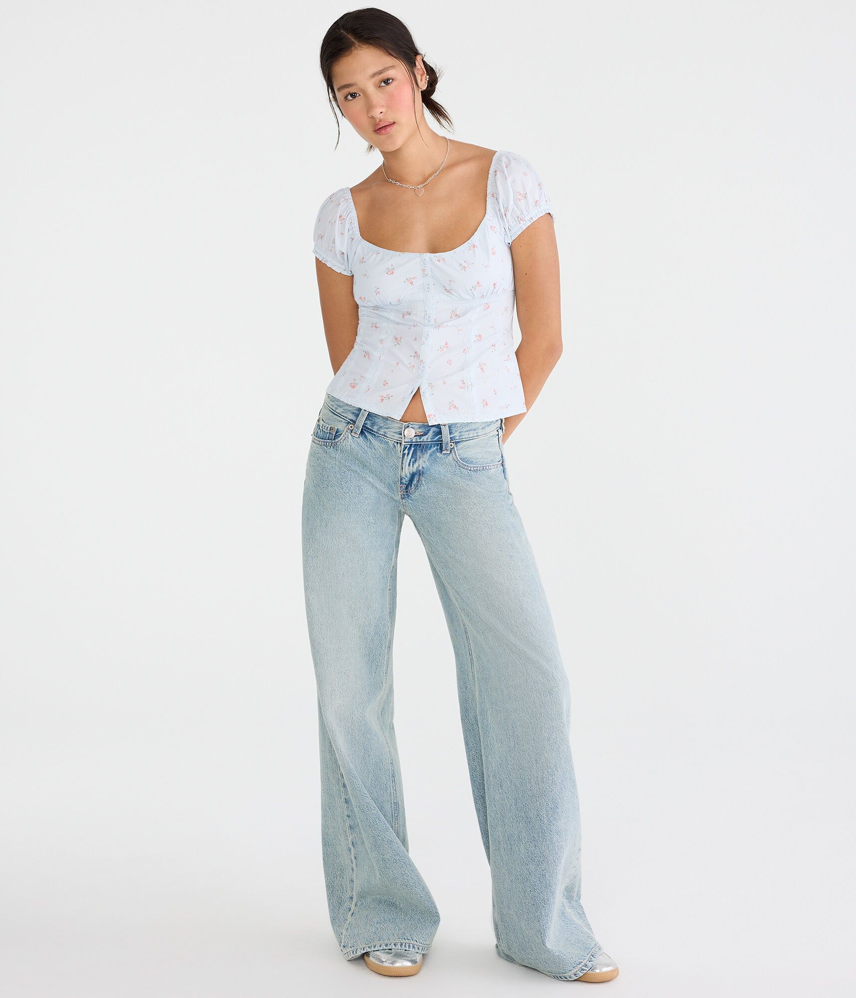 Floral Button-Front Scoop-Neck Blouse
