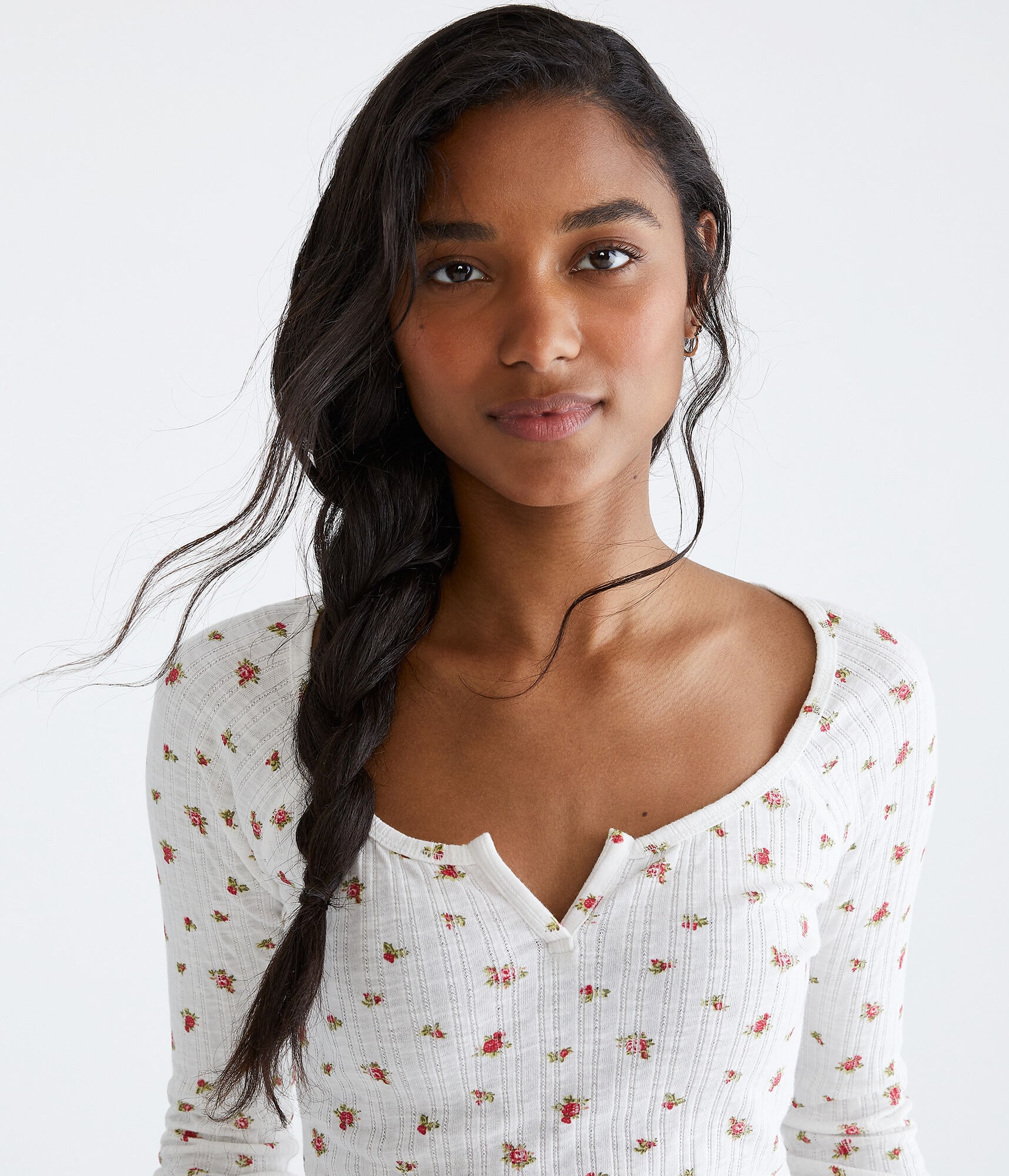 Long Sleeve Seriously Soft Floral Notch-Neck Shrunken Tee