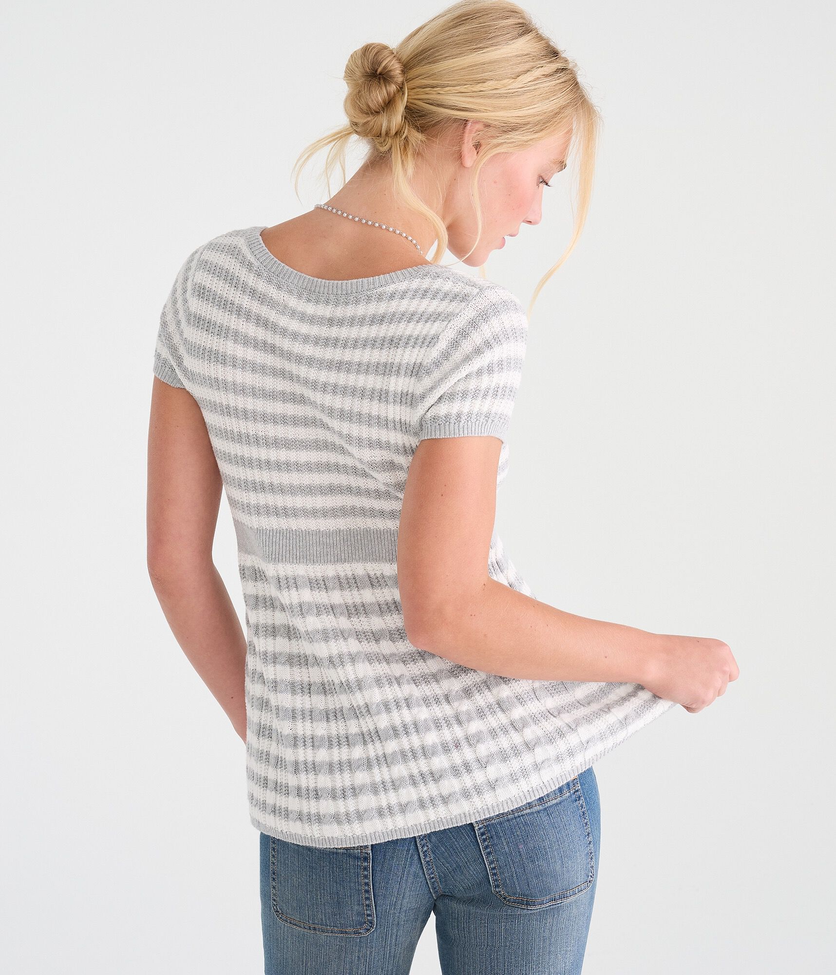 Short Sleeve Striped Scoop-Neck Babydoll Sweater