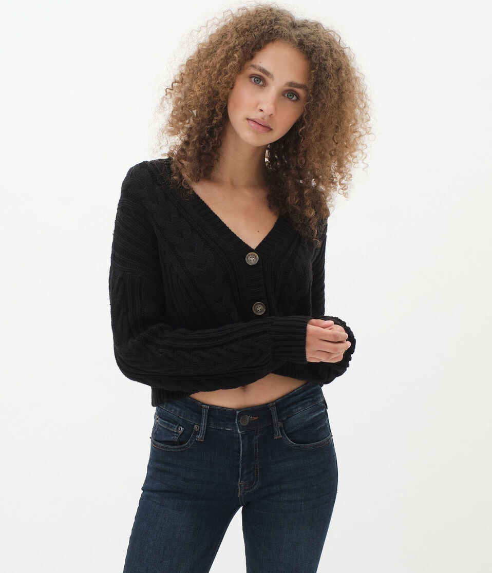 Slouchy Cable Cropped V-Neck Cardigan
