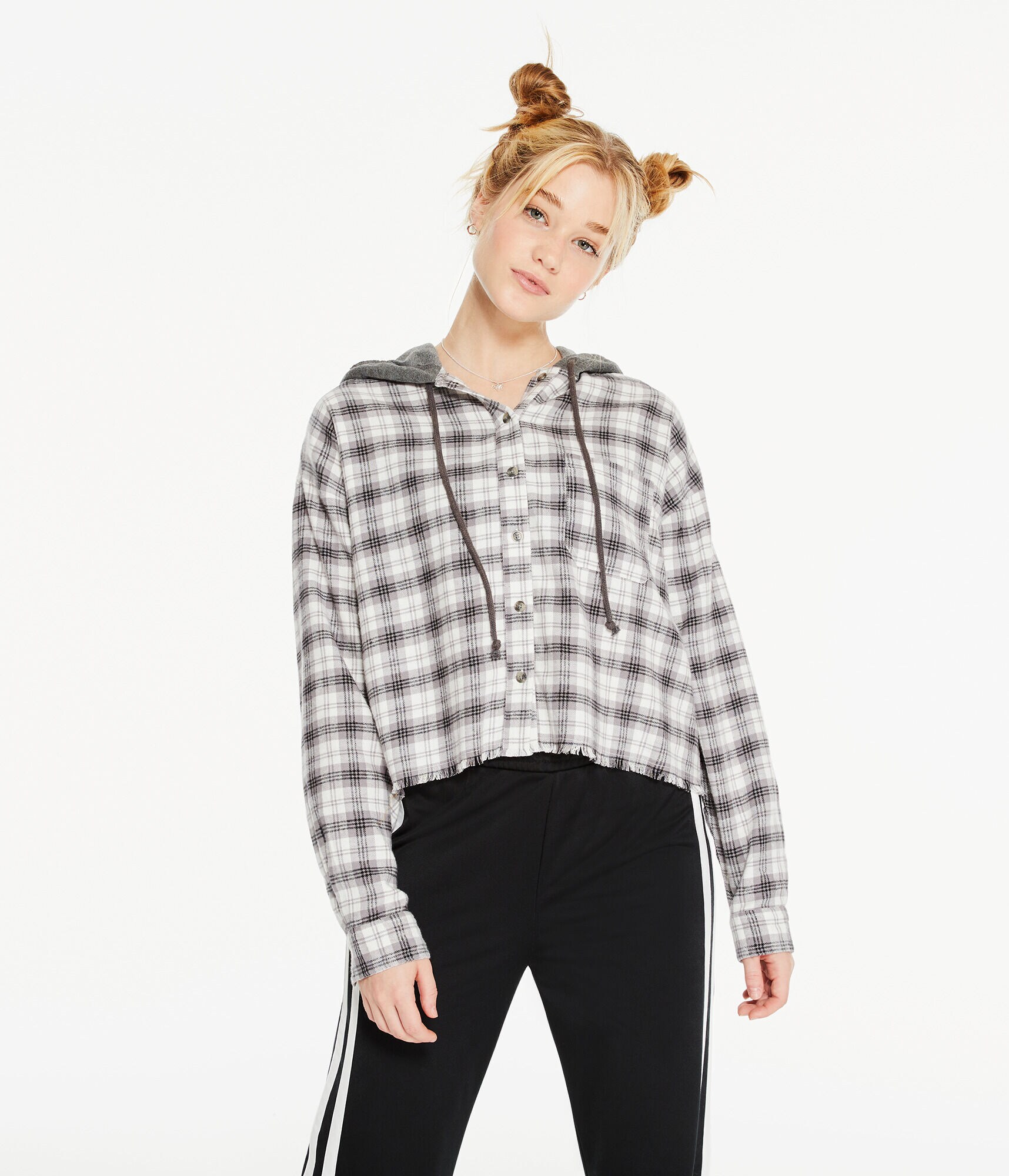 Long Sleeve Plaid Hooded Button-Down Shirt