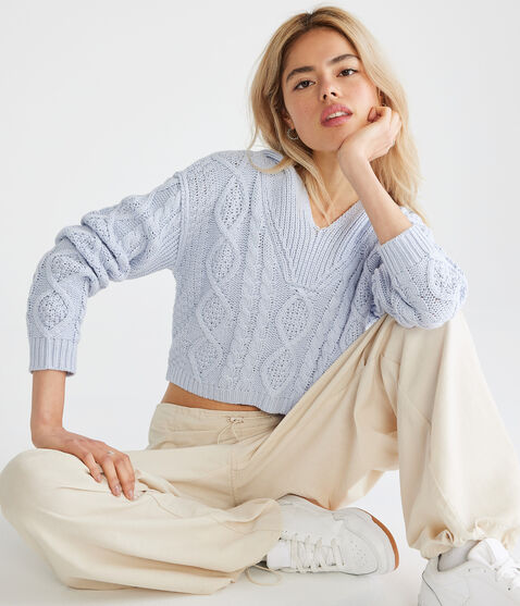 Cropped Cable-Knit Hooded Sweater Cropped Cable-Knit Hooded Sweater