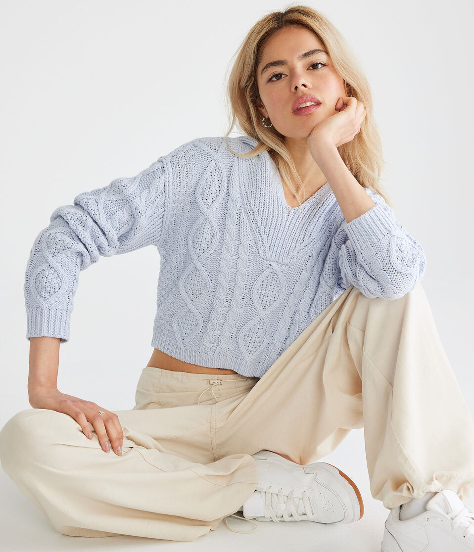 Cropped Cable-Knit Hooded Sweater