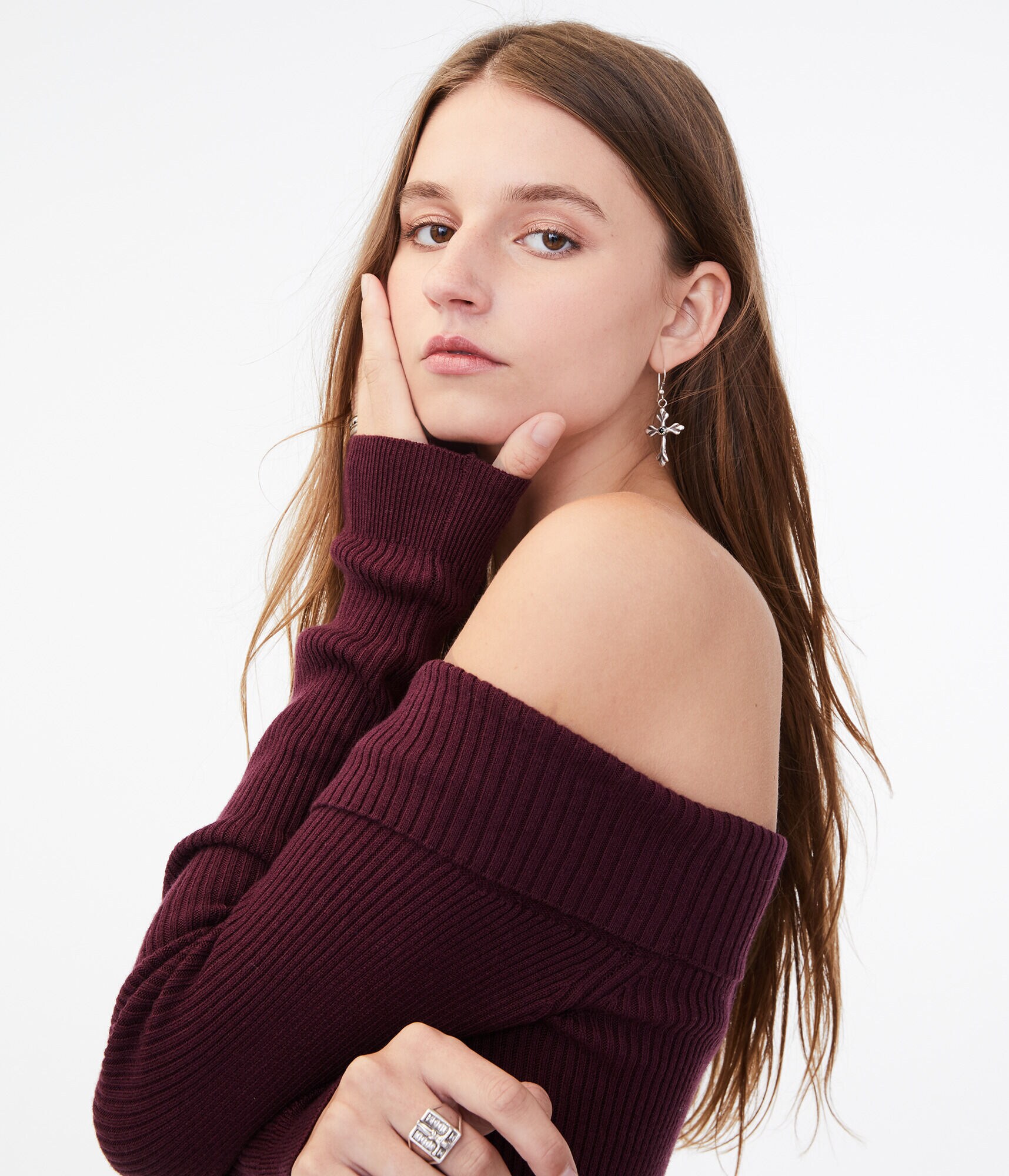 Long Sleeve Ribbed Off-The-Shoulder Sweater Dress***