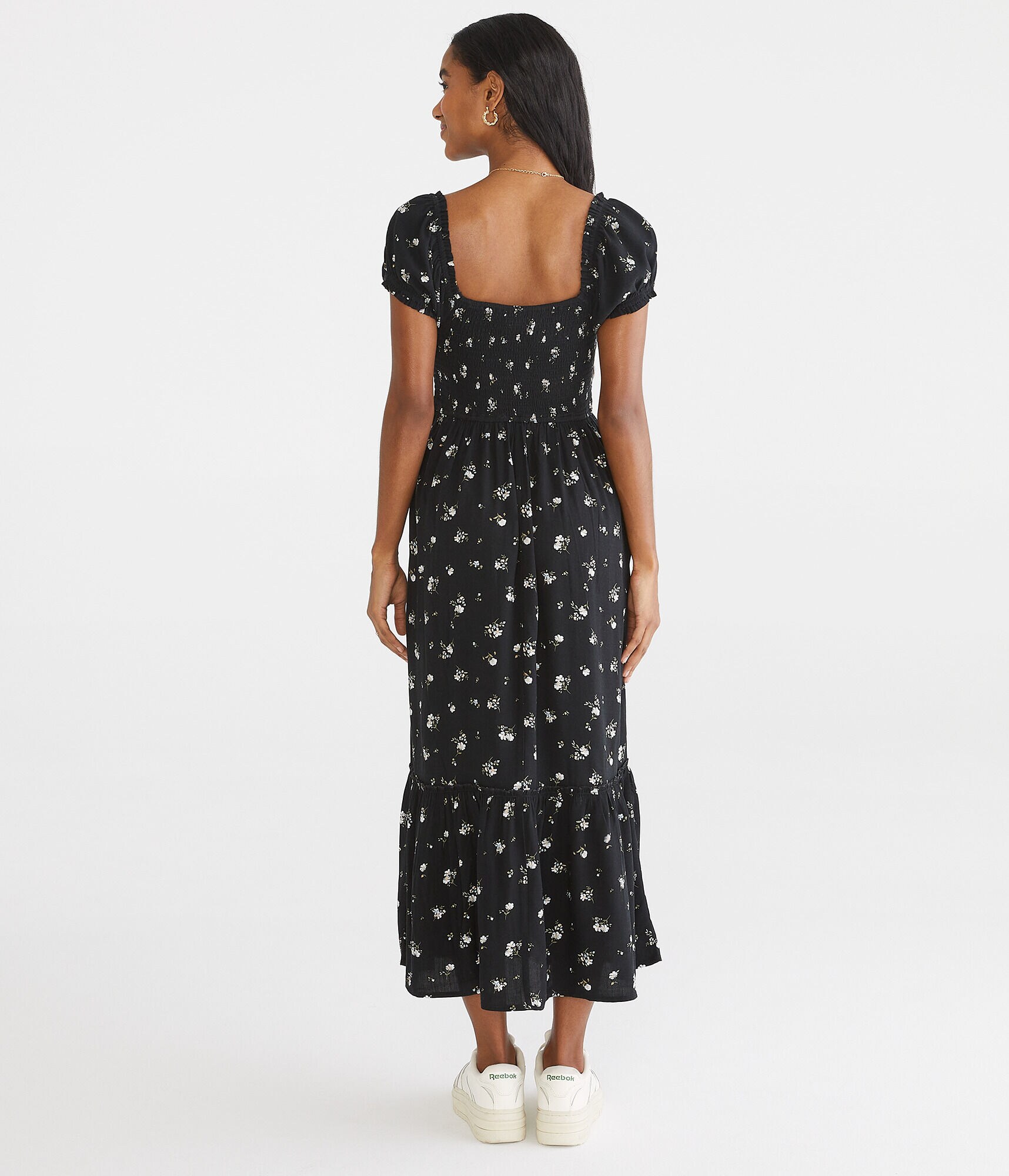 Floral Square-Neck Tiered Midi Dress