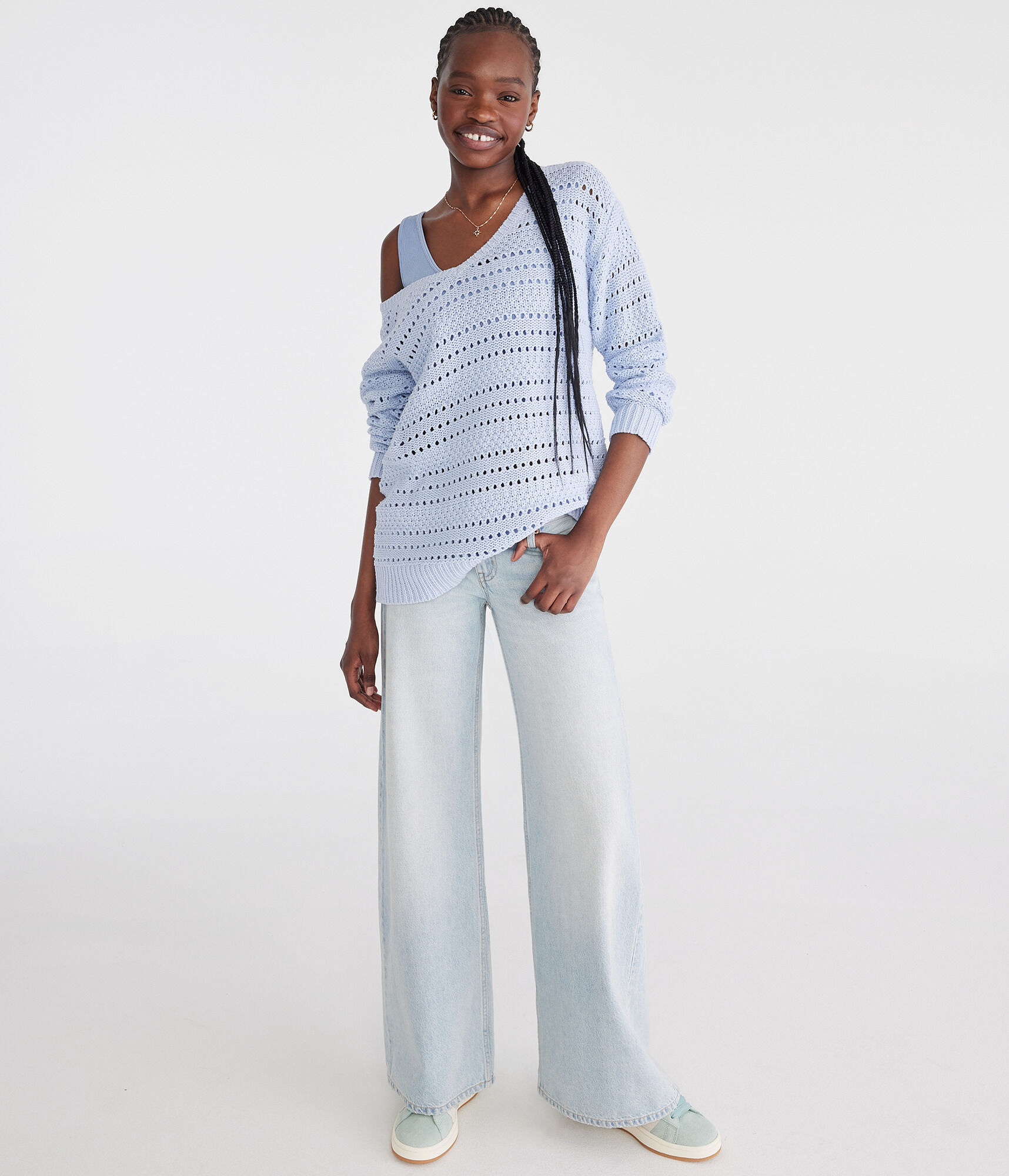 Solid Open-Knit V-Neck Sweater