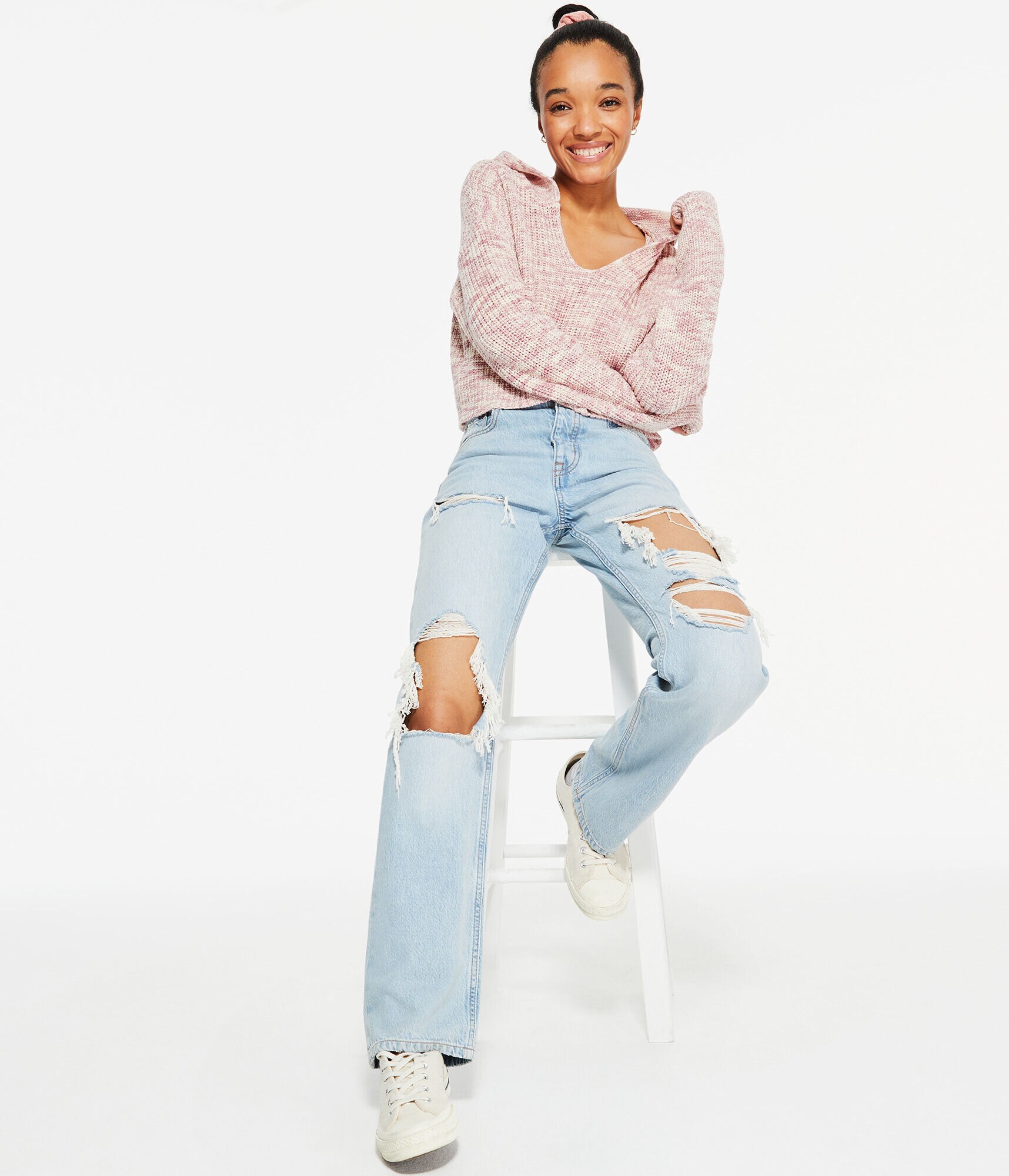 Marled Hooded Cropped V-Neck Sweater