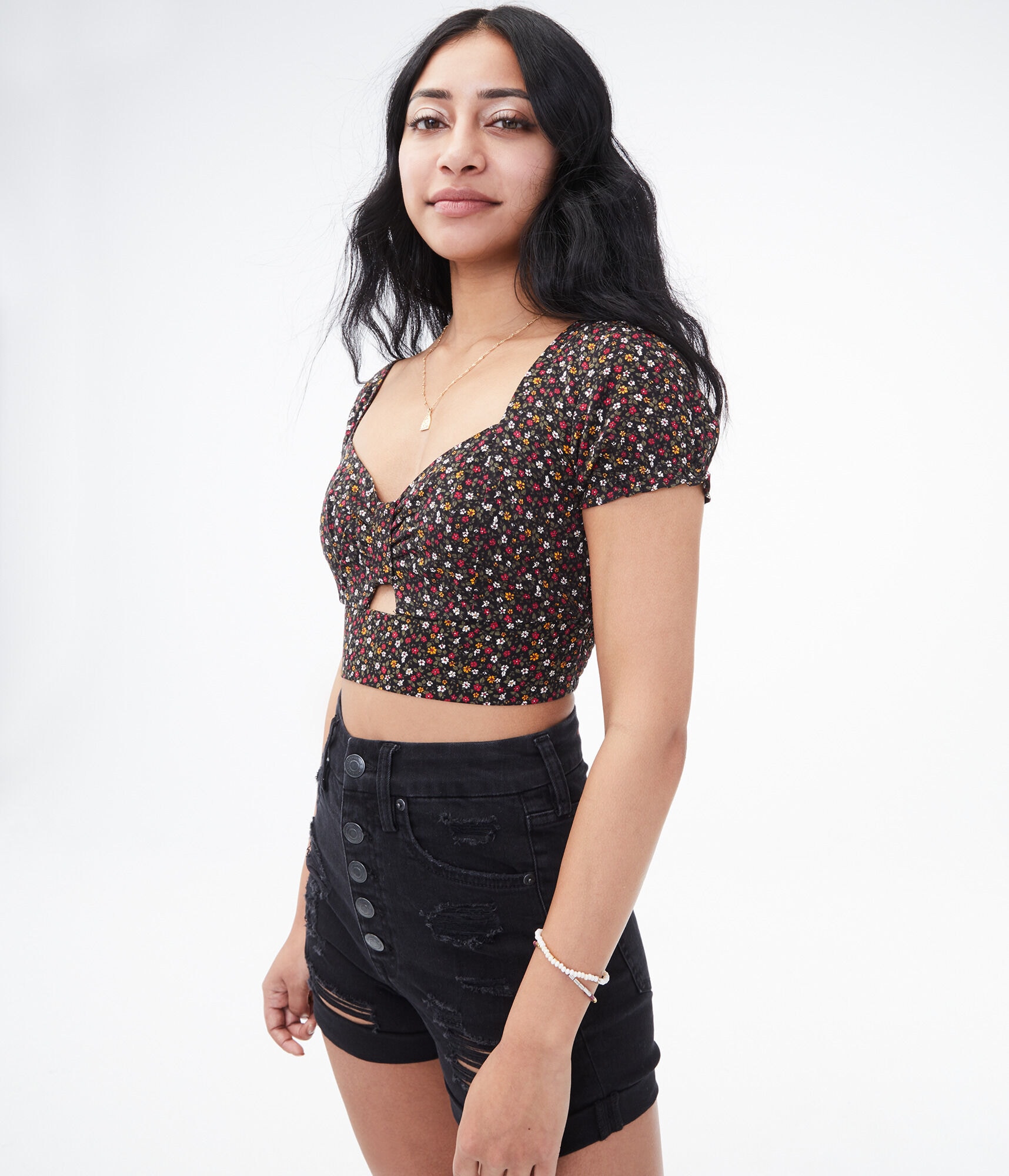 Patterned Keyhole Cutout Crop Top