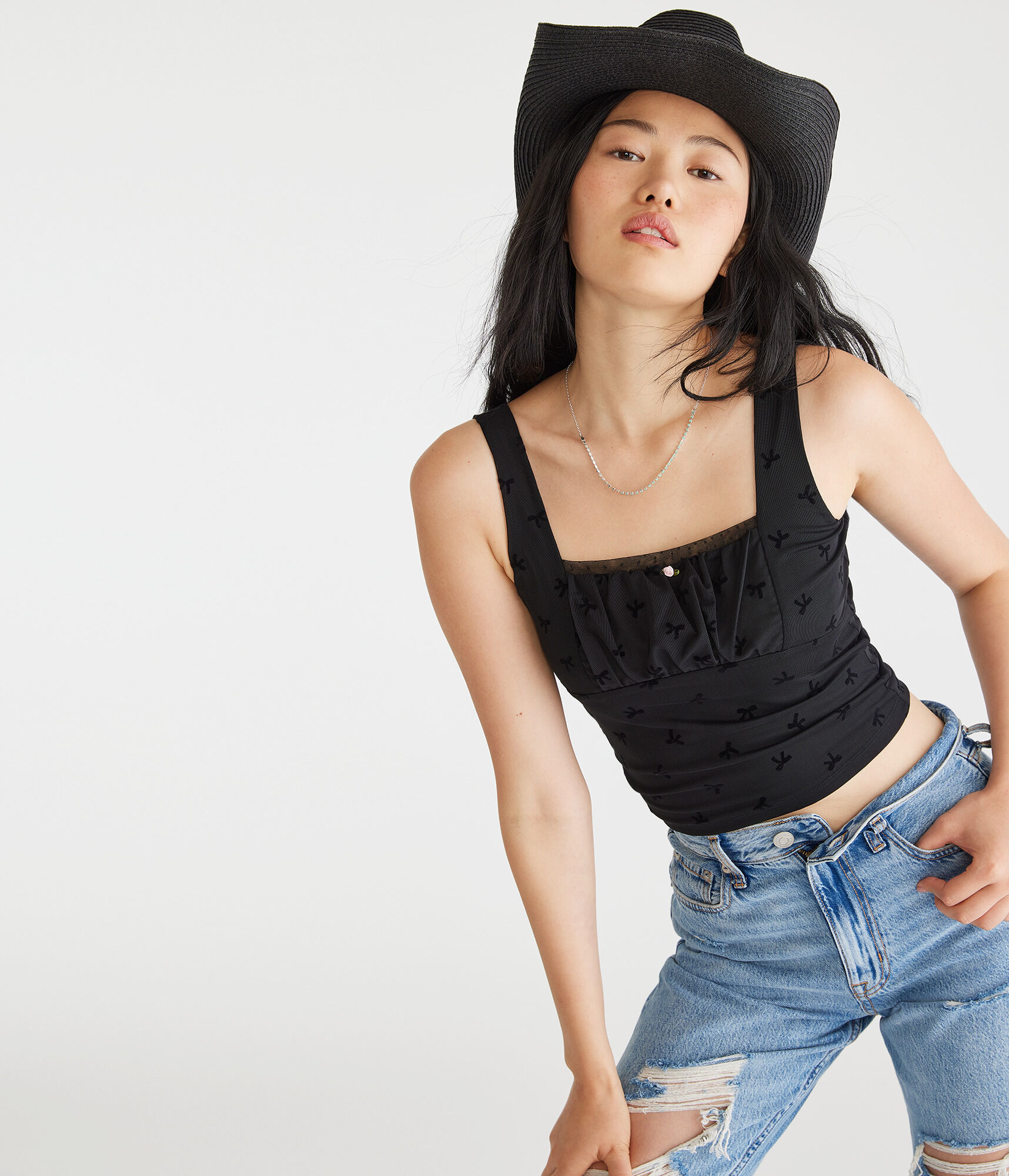 Flocked Bow Mesh Cropped Tank