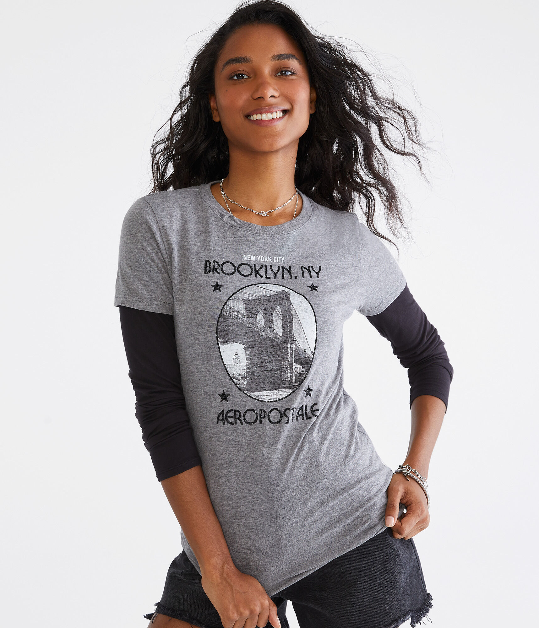 Aeropostale Brooklyn Bridge Glitter Graphic Tee
