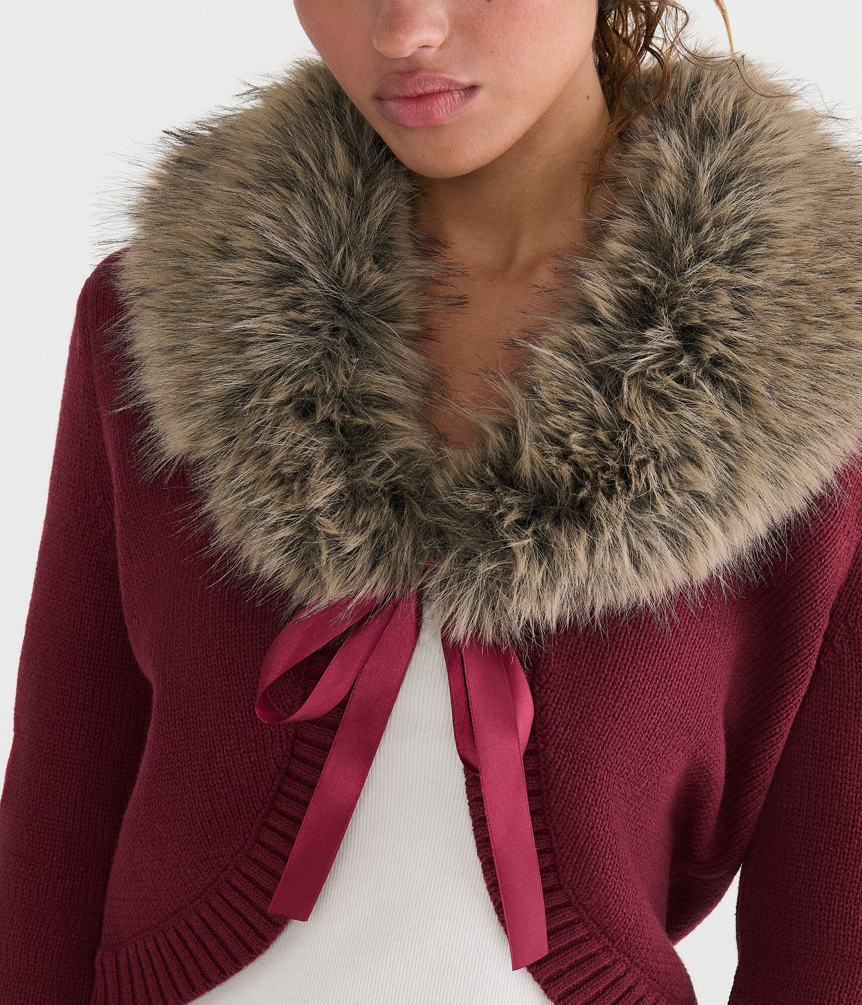 Long Sleeve Faux Fur-Trimmed Sweater Shrug