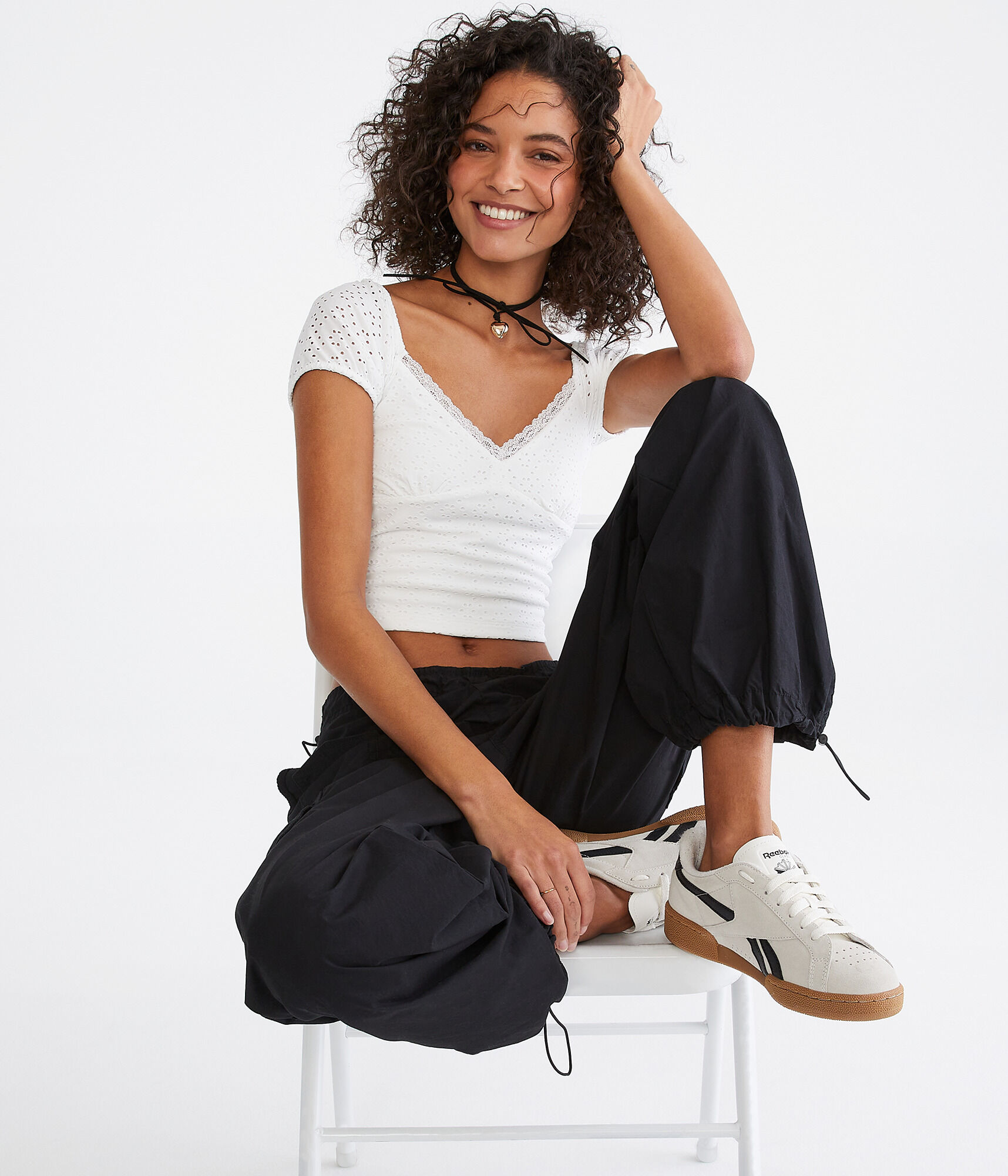 Eyelet Ruched Lace-Trim Crop Top