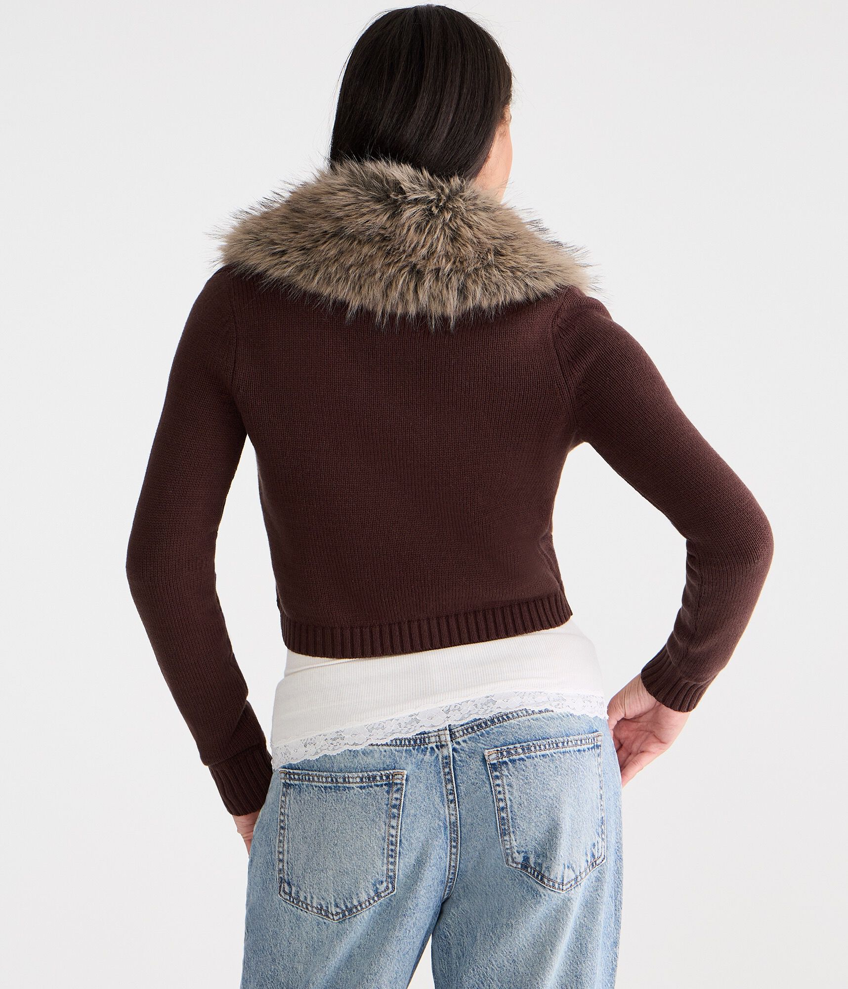 Long Sleeve Faux Fur-Trimmed Sweater Shrug