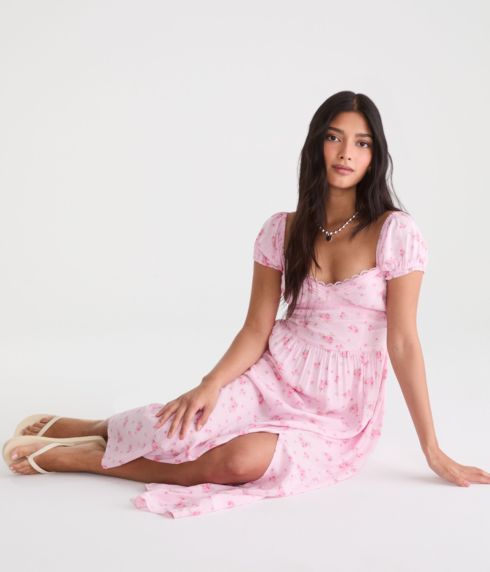 Floral V-Neck Lace Midi Dress