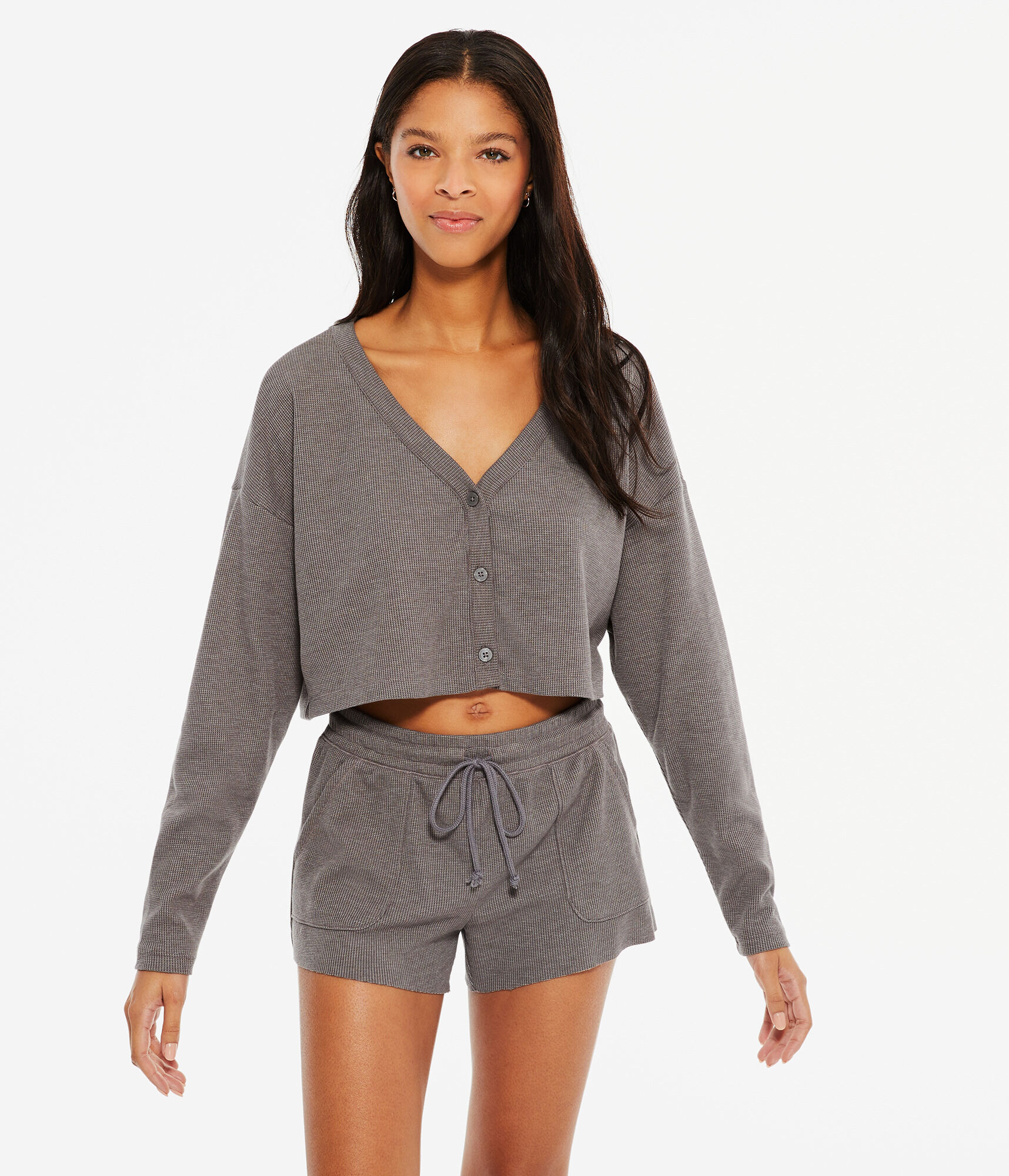 Waffle-Knit Cropped Sleep Cardigan