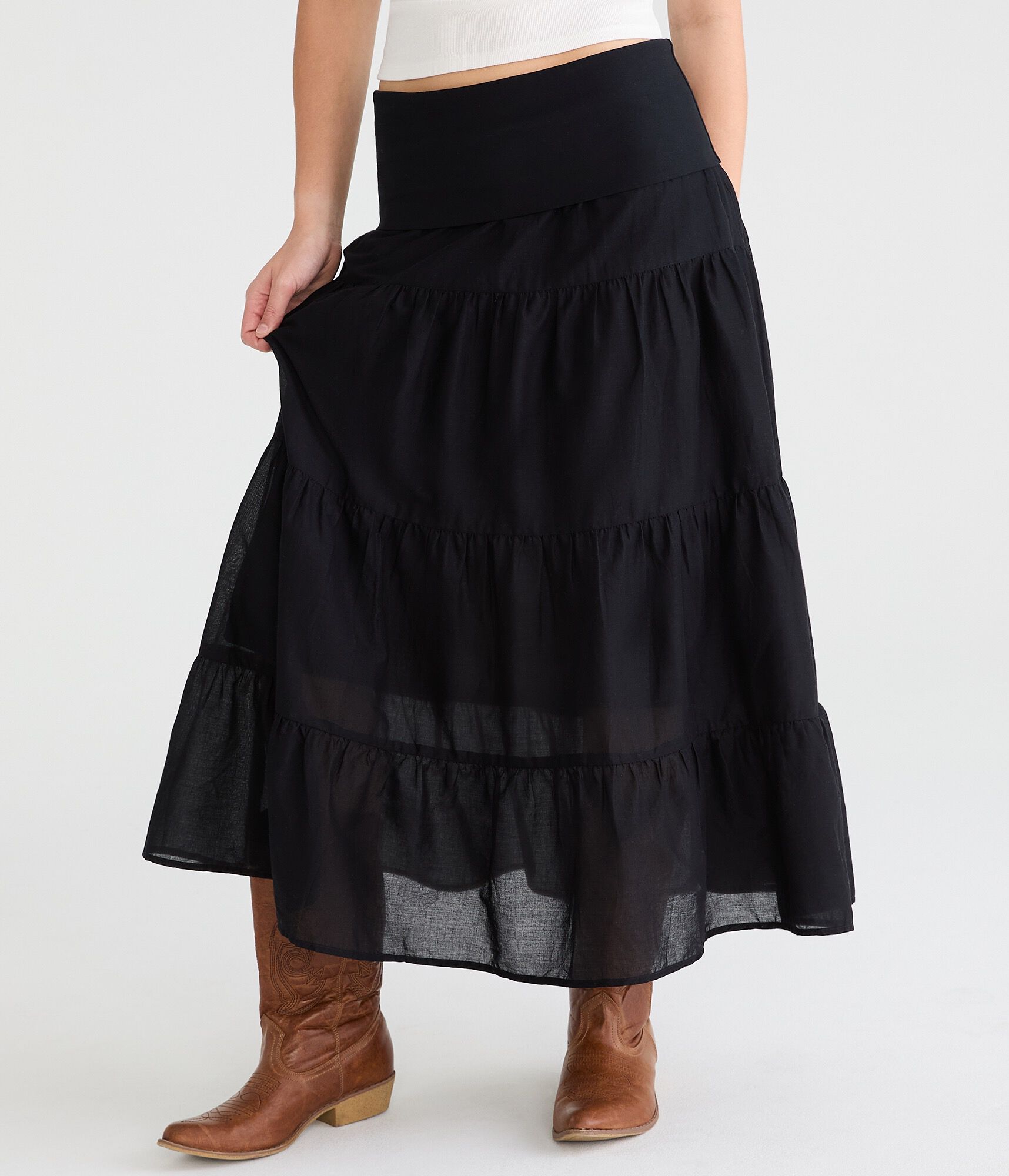 Tiered Fold-Over Maxi Skirt