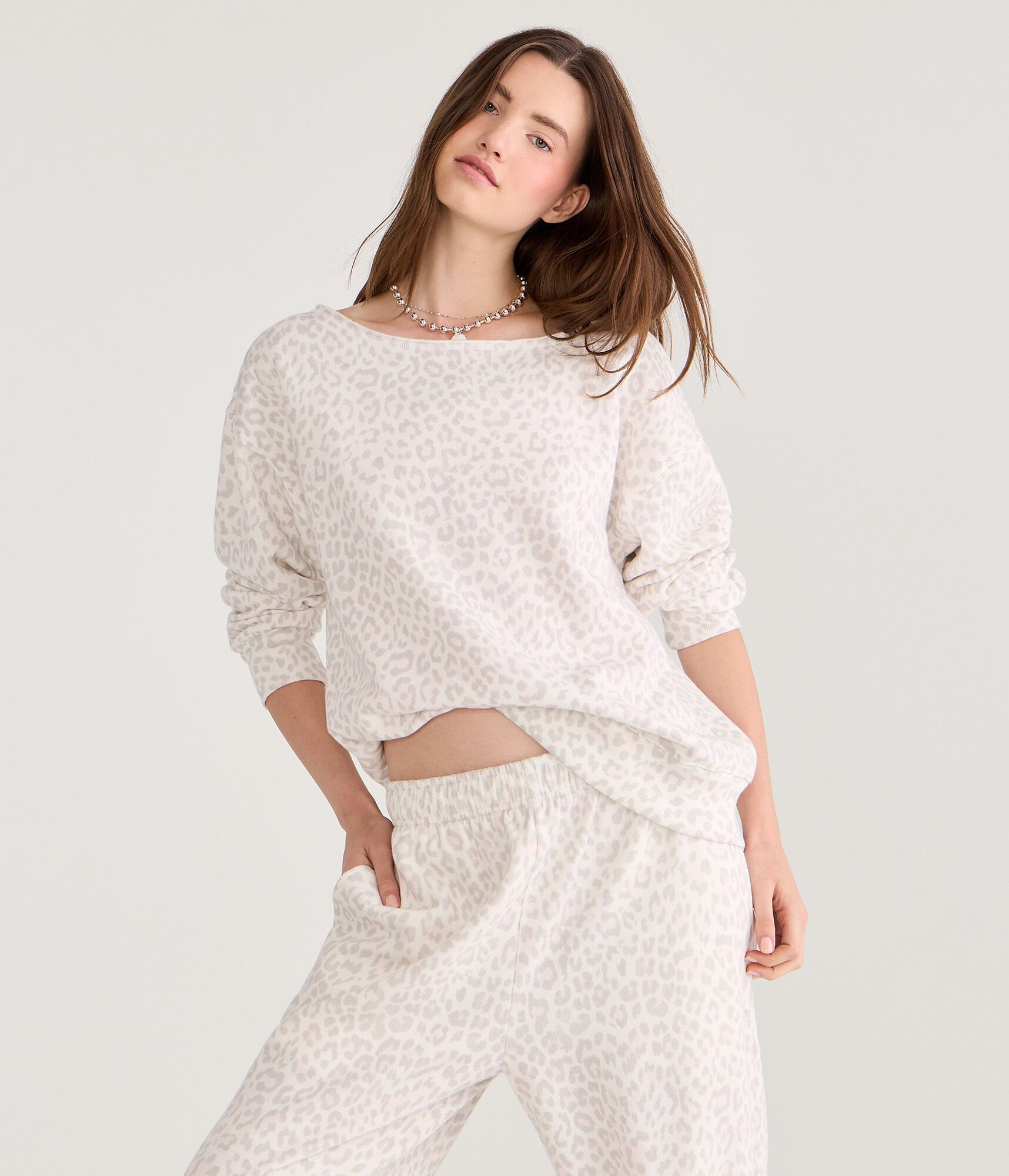 Cloud Soft Snow Leopard Print Oversized Off-The-Shoulder Sweatshirt