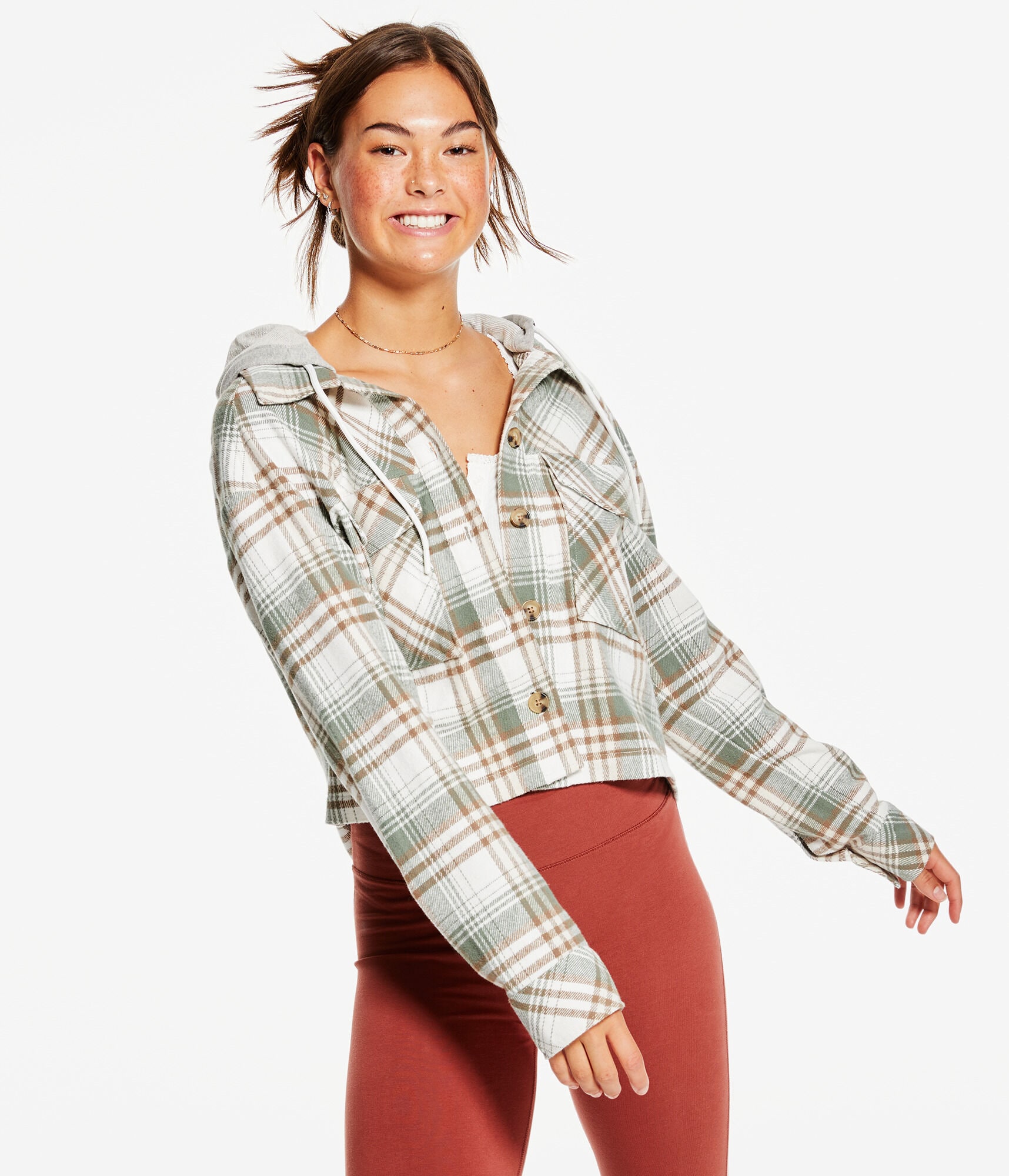 Plaid Flannel Hooded Cropped Shacket