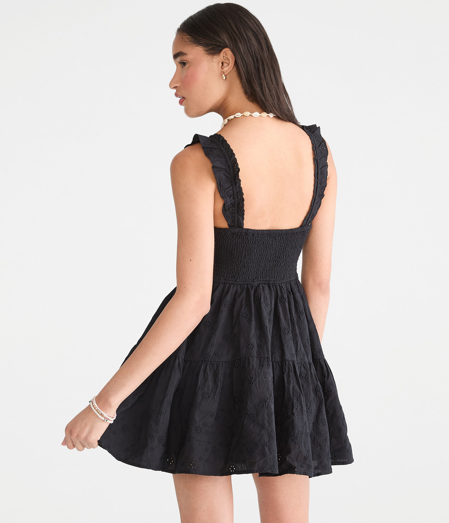 Solid Sweetheart Eyelet Ruffle Mini Dress
