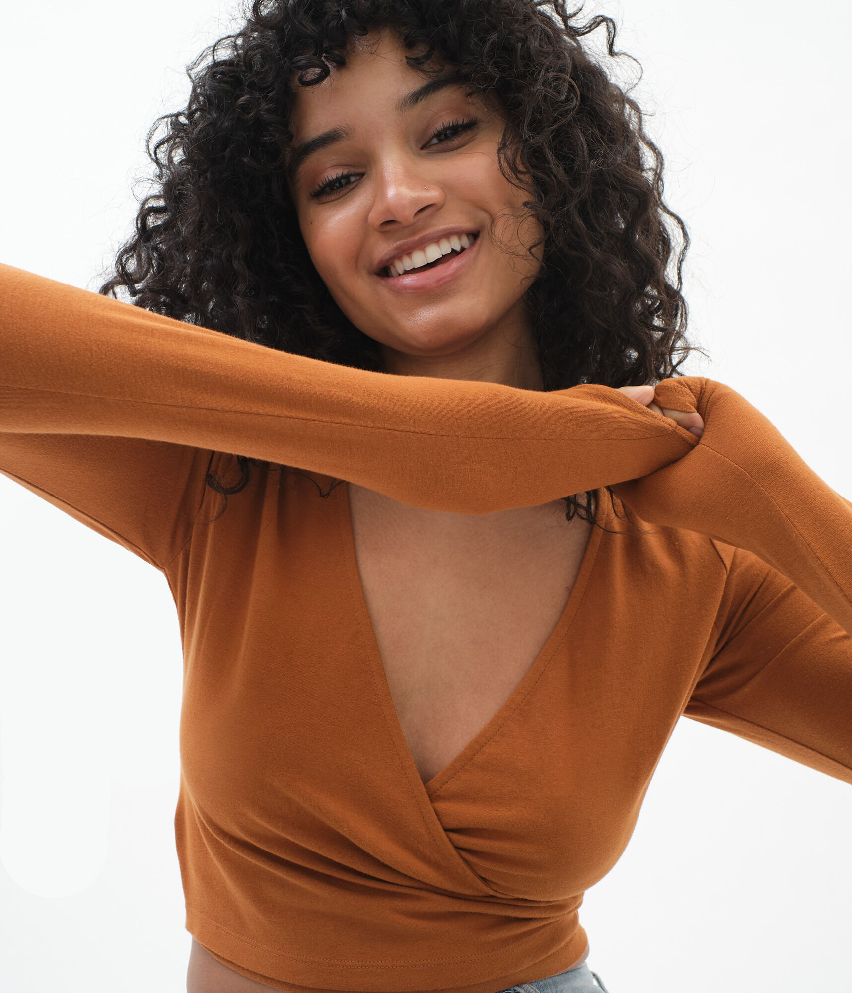 Long Sleeve Surplice Crop Top***