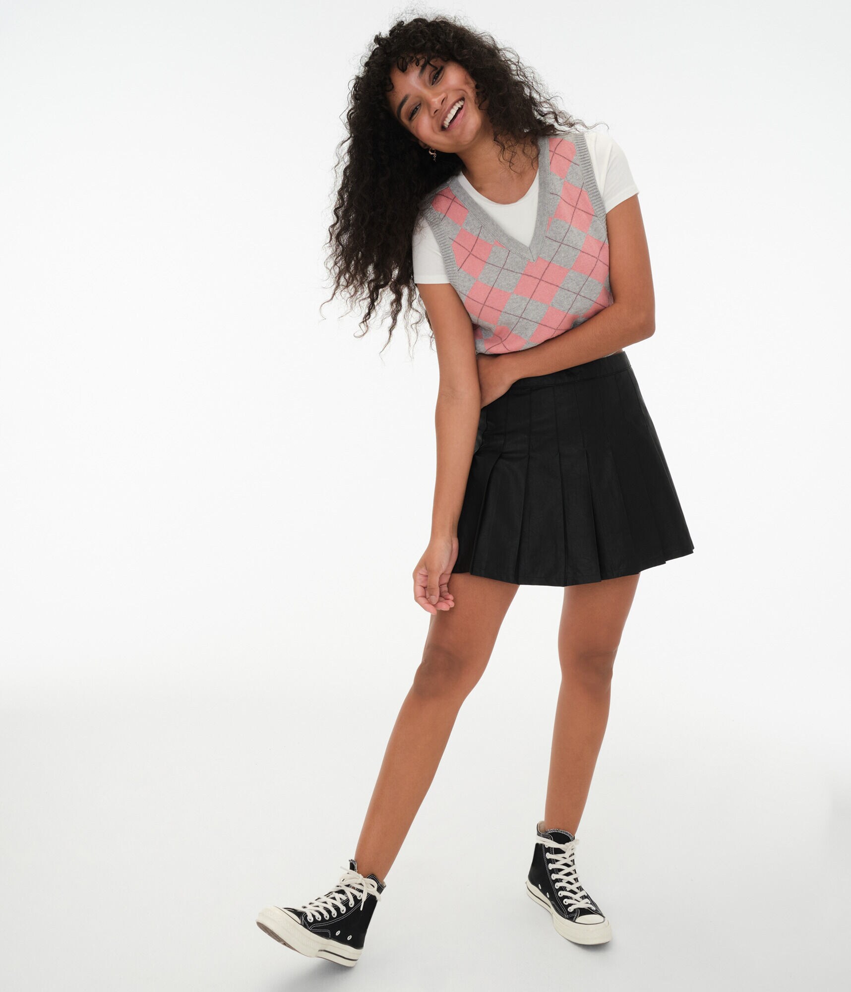 Pleated High-Waisted Faux Leather Skirt