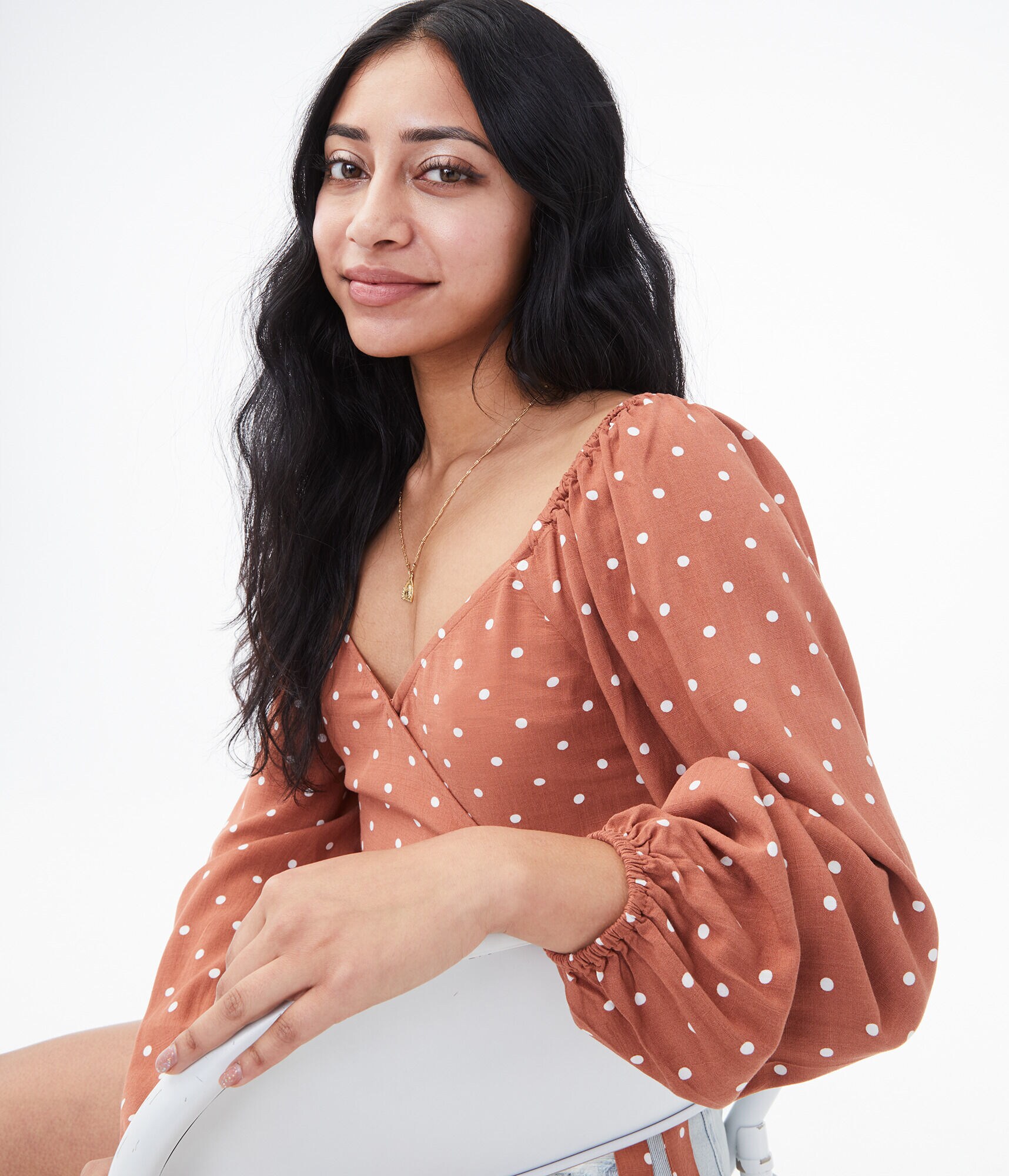 Long Sleeve Polka Dot Surplice Crop Top