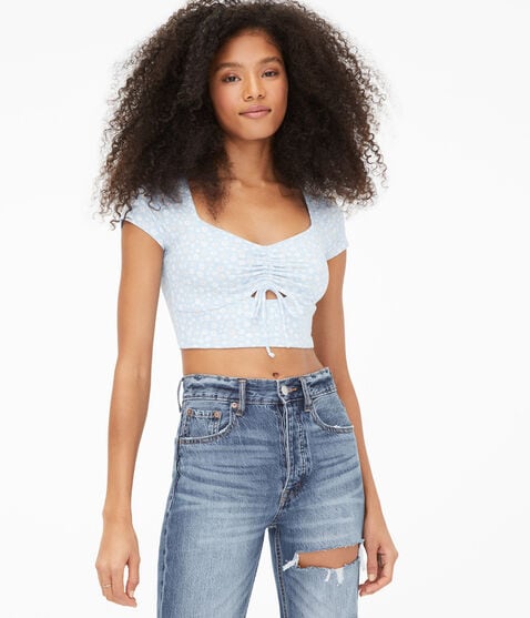 Floral Ruched Keyhole Crop Top Floral Ruched Keyhole Crop Top