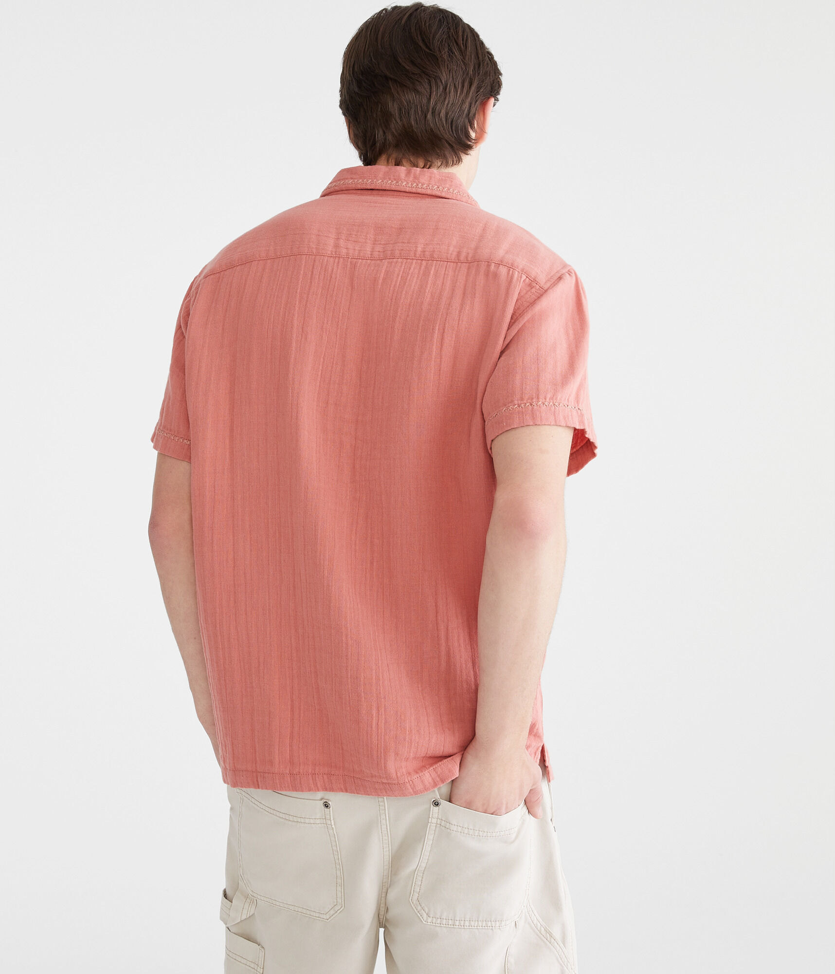 Short Sleeve Stitched Floral Gauze Camp Shirt