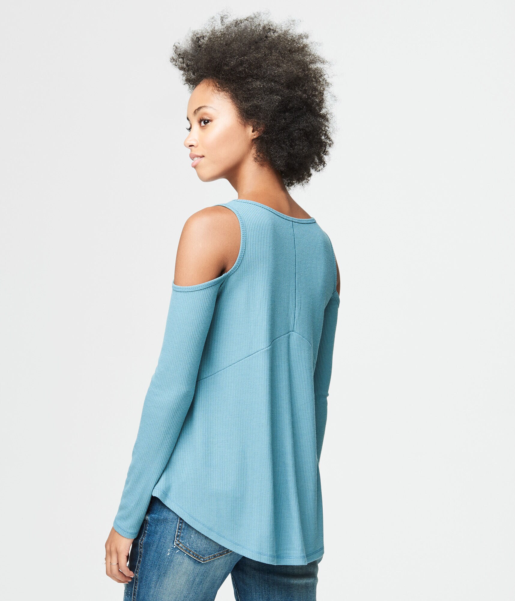 Long Sleeve Ribbed Cold-Shoulder Top