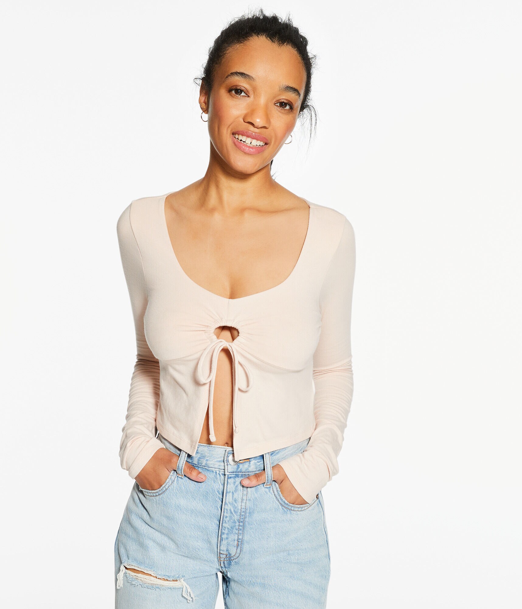 Long Sleeve Seriously Soft Keyhole Flyaway Cropped Baby Tee