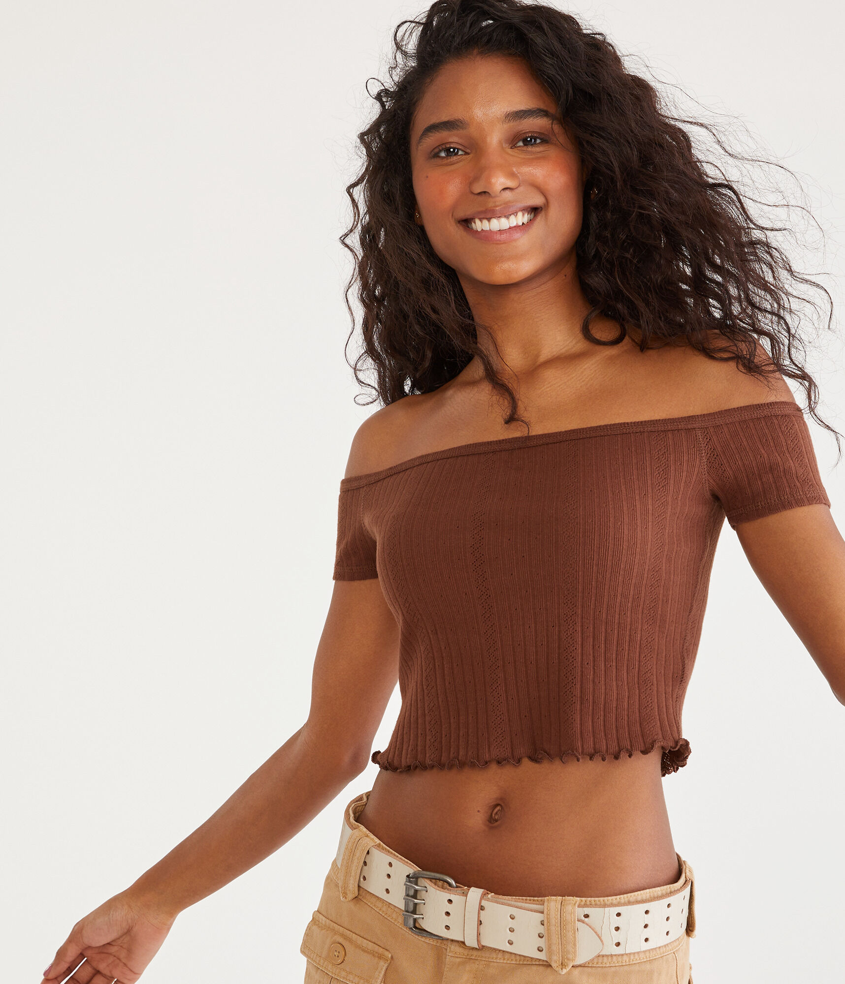 Pointelle Off-The-Shoulder Cropped Baby Tee