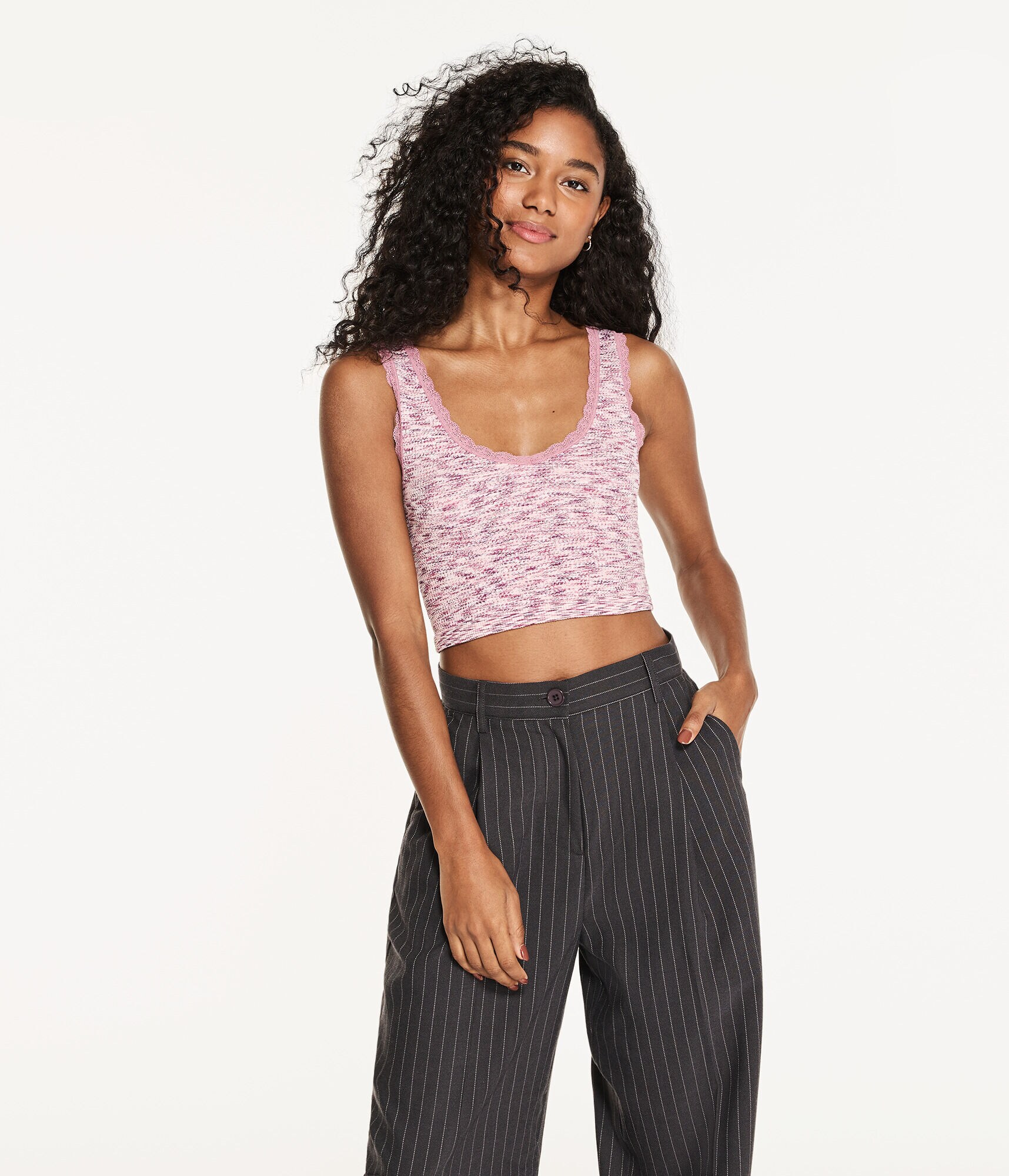 Wear 3 Ways Space-Dye Seamless Lace-Trim Cropped Tank