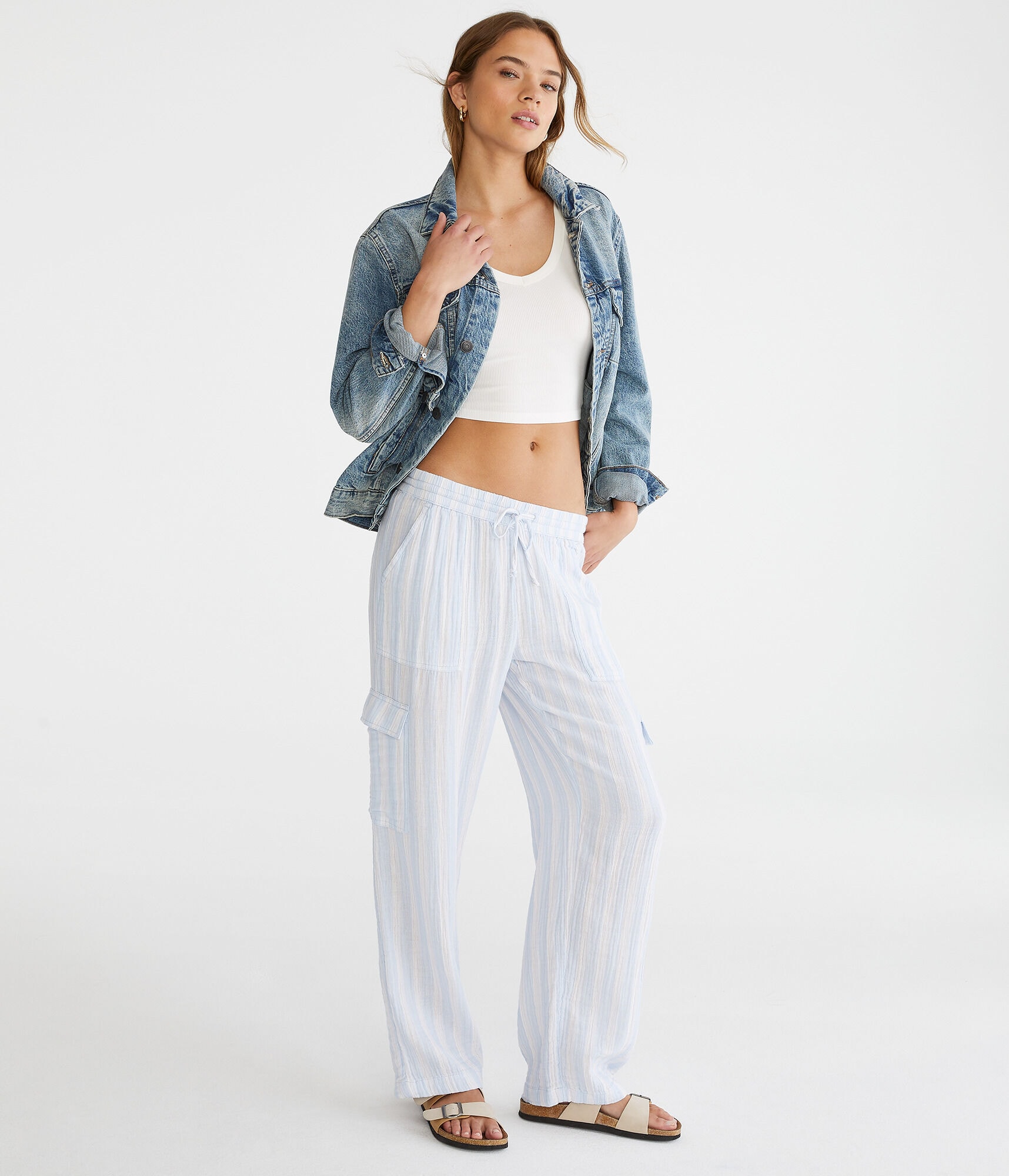 Striped Gauze Wide Leg Cargo Pants