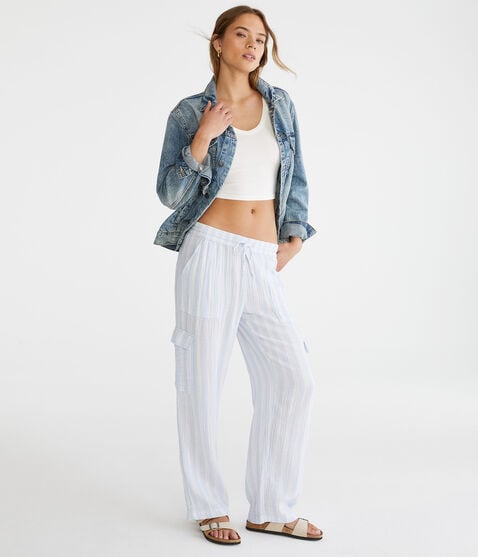 Striped Gauze Wide Leg Cargo Pants