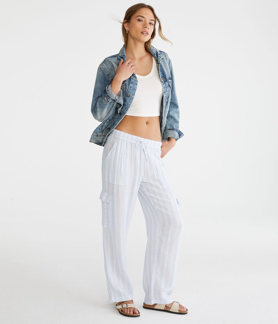 Striped Gauze Wide Leg Cargo Pants