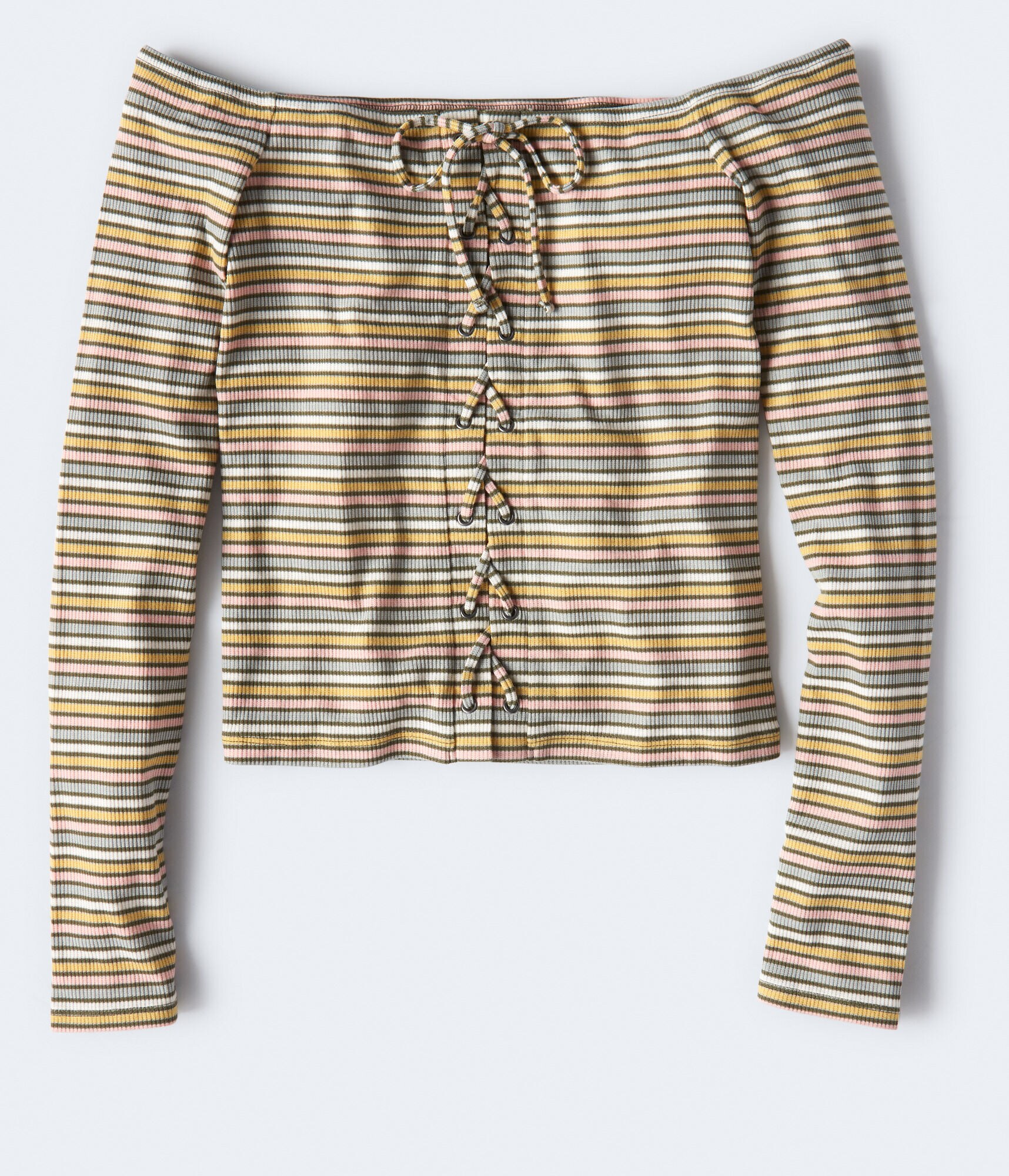 Long Sleeve Seriously Soft Striped Lace-Up Off-The-Shoulder Top