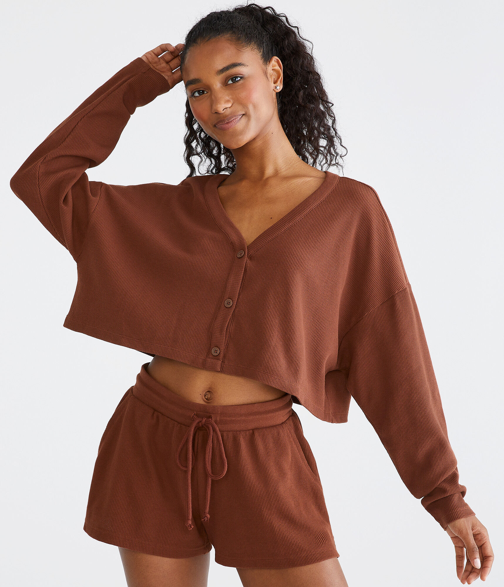 Waffle-Knit Cropped Sleep Cardigan