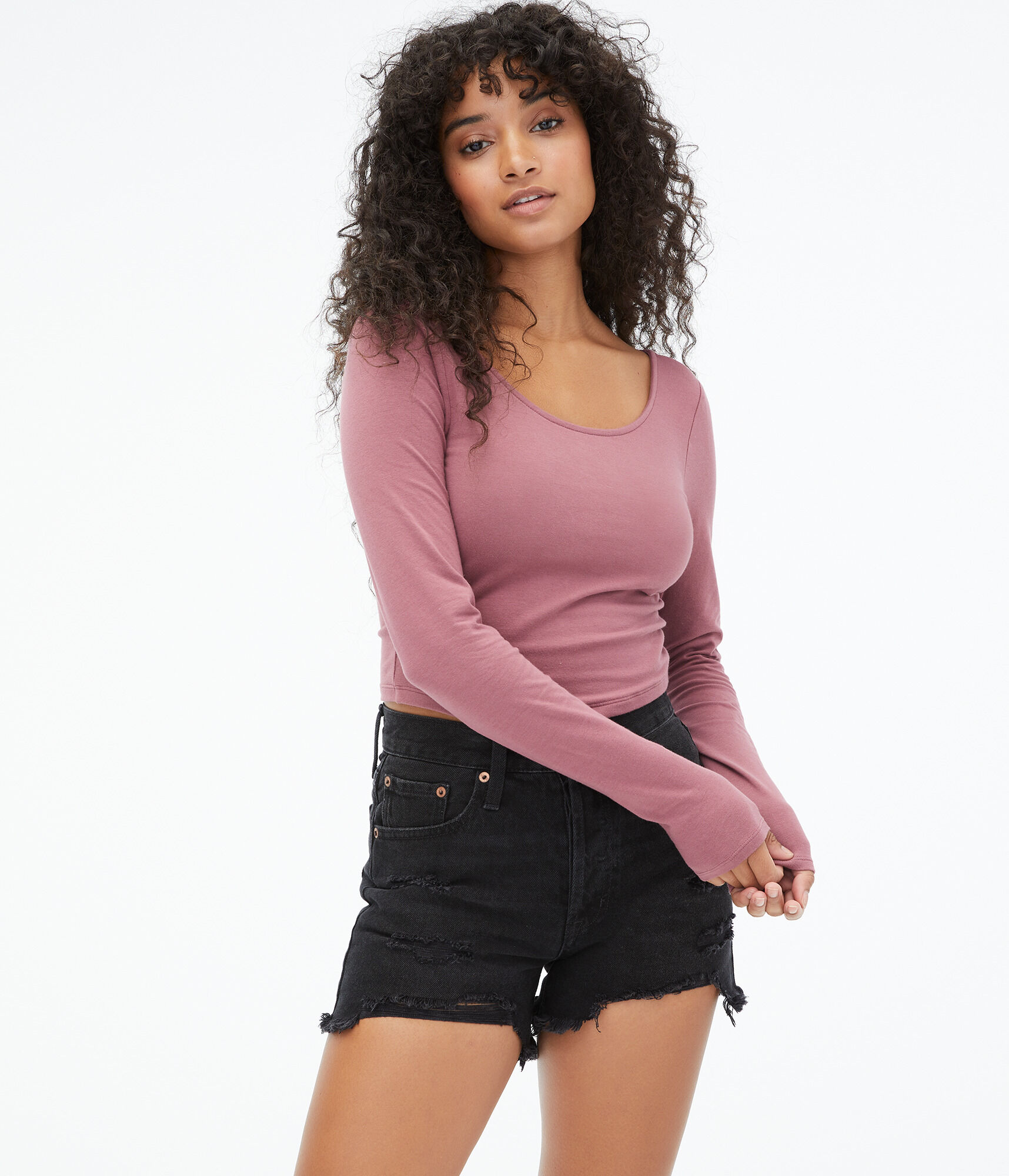 Long Sleeve Seriously Soft Laced-Back Cropped Baby Tee